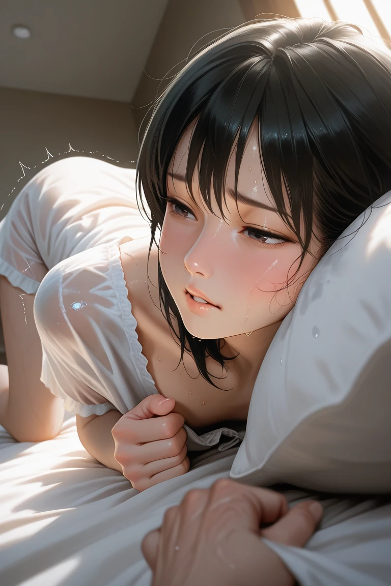 A masterpie、Realstic、best qualiy、Beautiful girl crawling into bed naked、Sleeping wrapped in sheets with profile facing the viewer、Style is clearly visible from the sheets、close her eyes、Ji