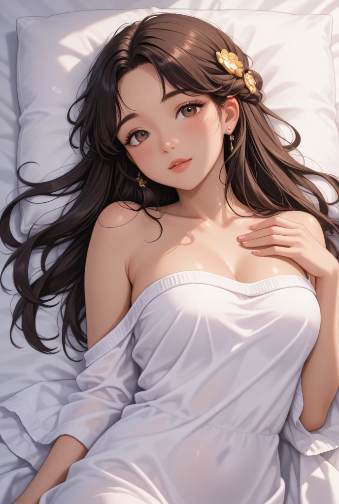 Brown hair, white eyes, large breasts, sexy, beautiful body, masterpiece, bed, smile, angel wings
