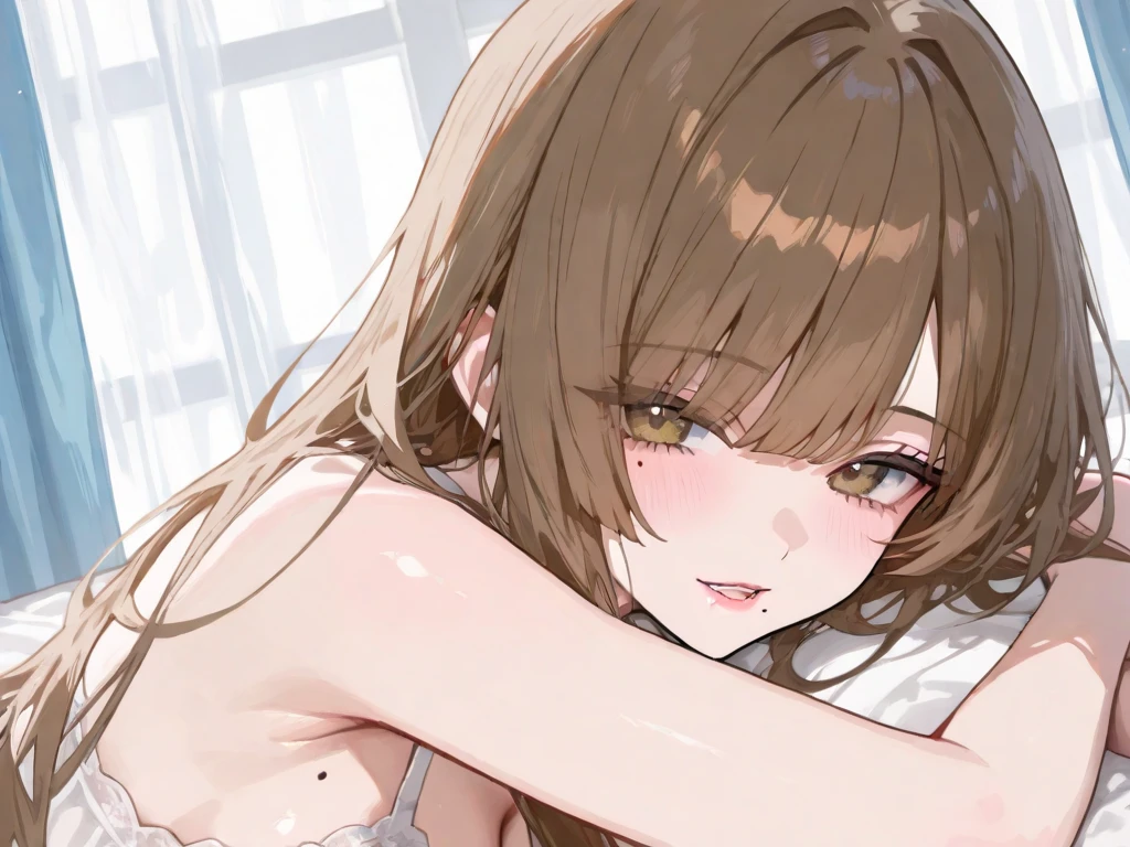 absurderes、masterpiece、top-quality、realisitic、Hyper-detailing、(skin gloss、Sweatiness:1.4)、(Angle from directly above)、(One Woman、chineseidol、japanes、),独奏、(Small beige bra、Small beige panties)、long、Gray eyes、(Thigh:0.5)、动态照明、hight resolution、foco nítido、depth of fields、((small tits、very slender body、thin neck、skinny thigh)),((Facing the viewer、bent at the knees、Put your hands on the ground、Staring at the viewer)),((Open your mouth vertically、Stick out your tongue、red blush、Embarrassed expression))、(Focus on the face、Background blur)、(inside in room),