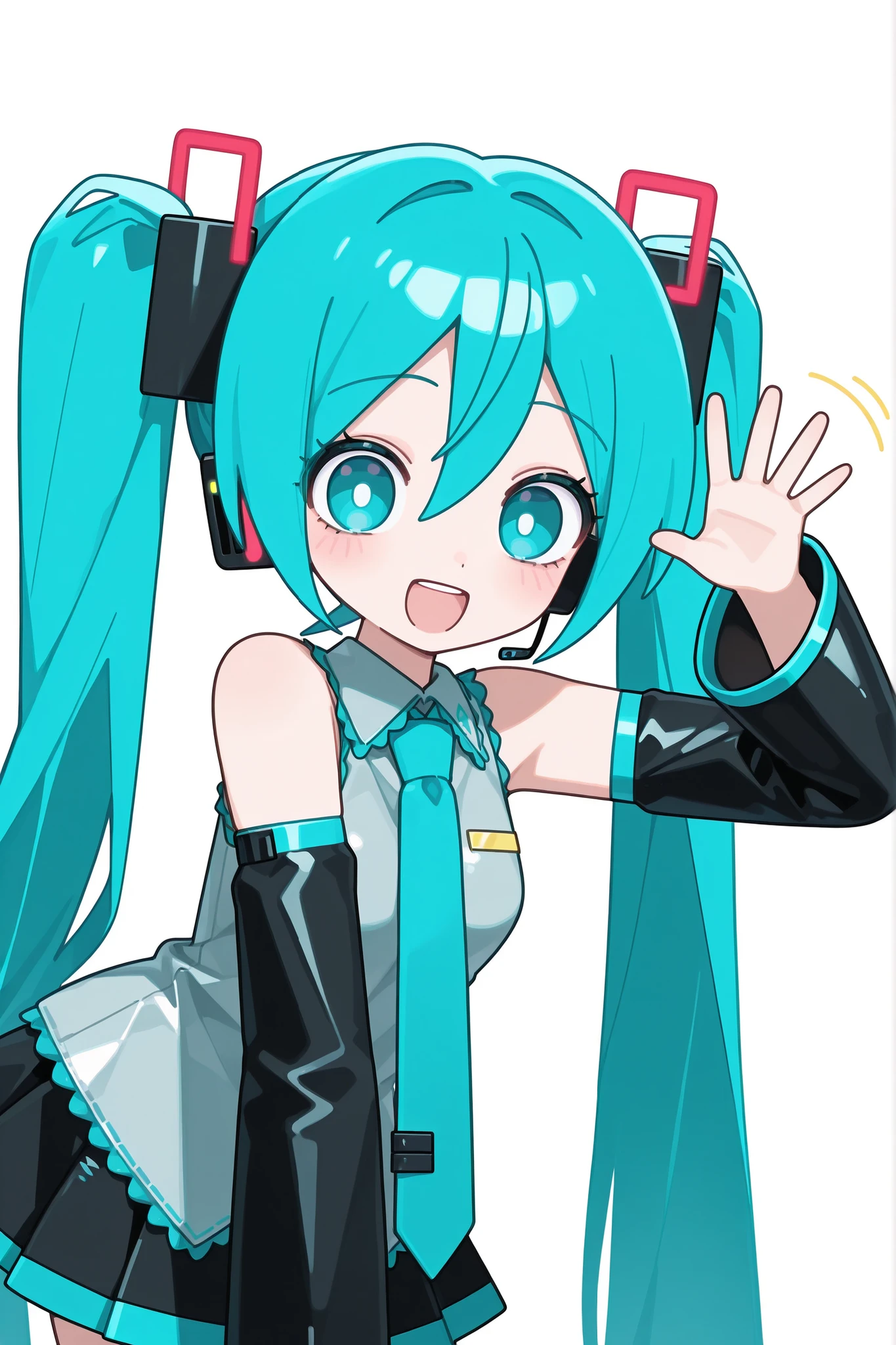 Hatsune Miku, Blue hair, blueish eyes, Long hair, standing up, Waving hand at viewer, perfect pupils, round pupils, best quality, Ultra high quality, Happy expression, Basic white backround