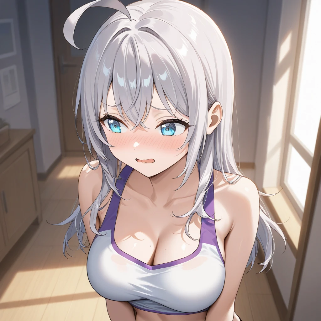 score_9, score_8_up, score_7_up, source_anime, 1girl, alya, grey hair, long hair, ahoge, hair ribbon, blue eyes, best quality, masterpiece, ultra-detailed, high quality, highres, pretty woman, beautiful, beautiful and perfect face, smile, open mouth, looking at viewer, white tank top, large breasts, armpit crease, upper body, armpit peek, close shot, sweating, erotic pose, indoors,