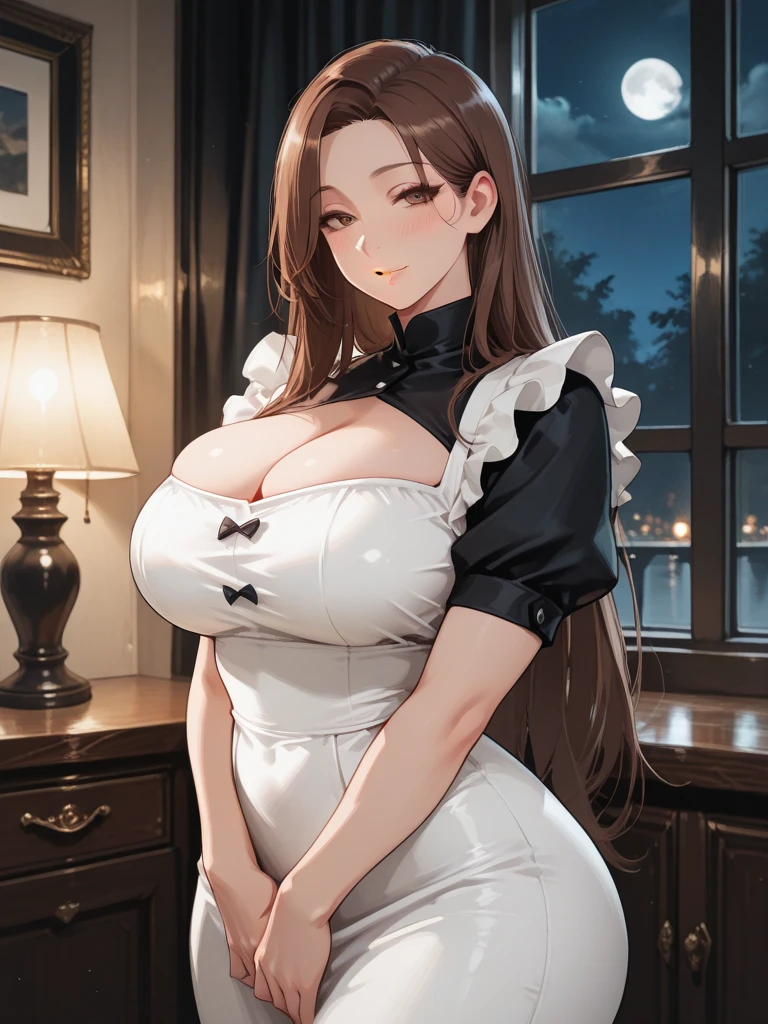 (1lady solo, sitting, office worker), ((black vest:1.1) over white sleeveless dress shirt), mature female, /(dark brown hair/), French twist updo hair, kind smile, (masterpiece best quality:1.2) delicate illustration ultra-detailed, sagging gigantic huge breasts, bowtie BREAK (modern office) indoors, ((reception desk)), (stylish company logo on wall) , detailed background, ((showing hairy armpit hair)), hand behind the head, zoom upper body, thick makeup