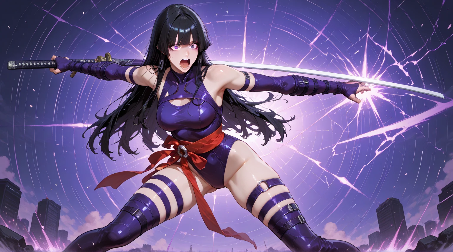 ninja, a close up of a person jumping in the air with a sword, female action anime girl, anime fencer, sfw version, jumping leaping heroic attack, unsheathing her katana, thighs focus, katana zero video game character, smooth anime cg art, kunoichi, sakura haruno in slug sage mode, dramatic wielding katana pose, heroic kicking pose