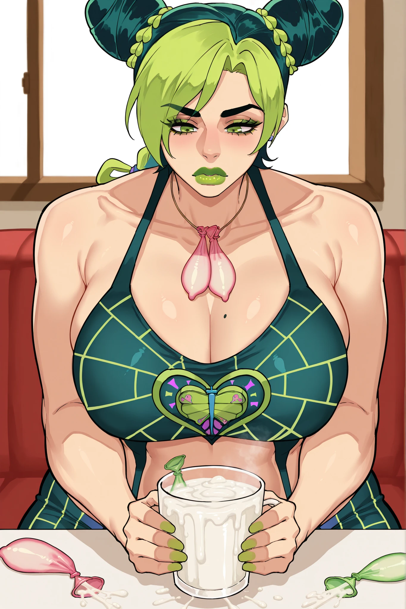 Nell odelschwanck green hair clothes torn under her breasts skirt, greenhair, yellow eyes, bone helmet, perfectbody