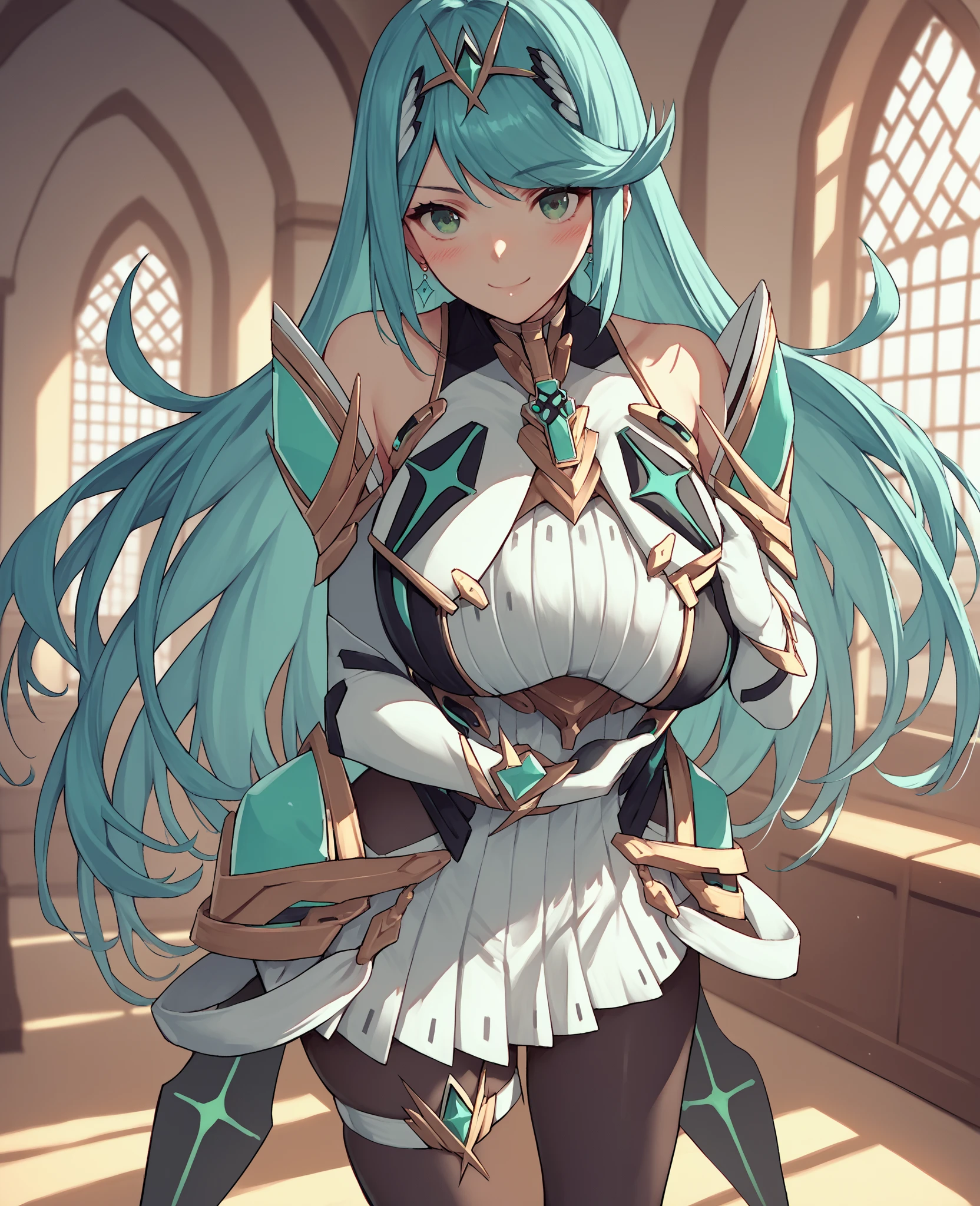 Older woman with big breasts wearing a fantasy world outfit while standing with a slight smile walking with light green eyes and long dark blue hair covering her right eye