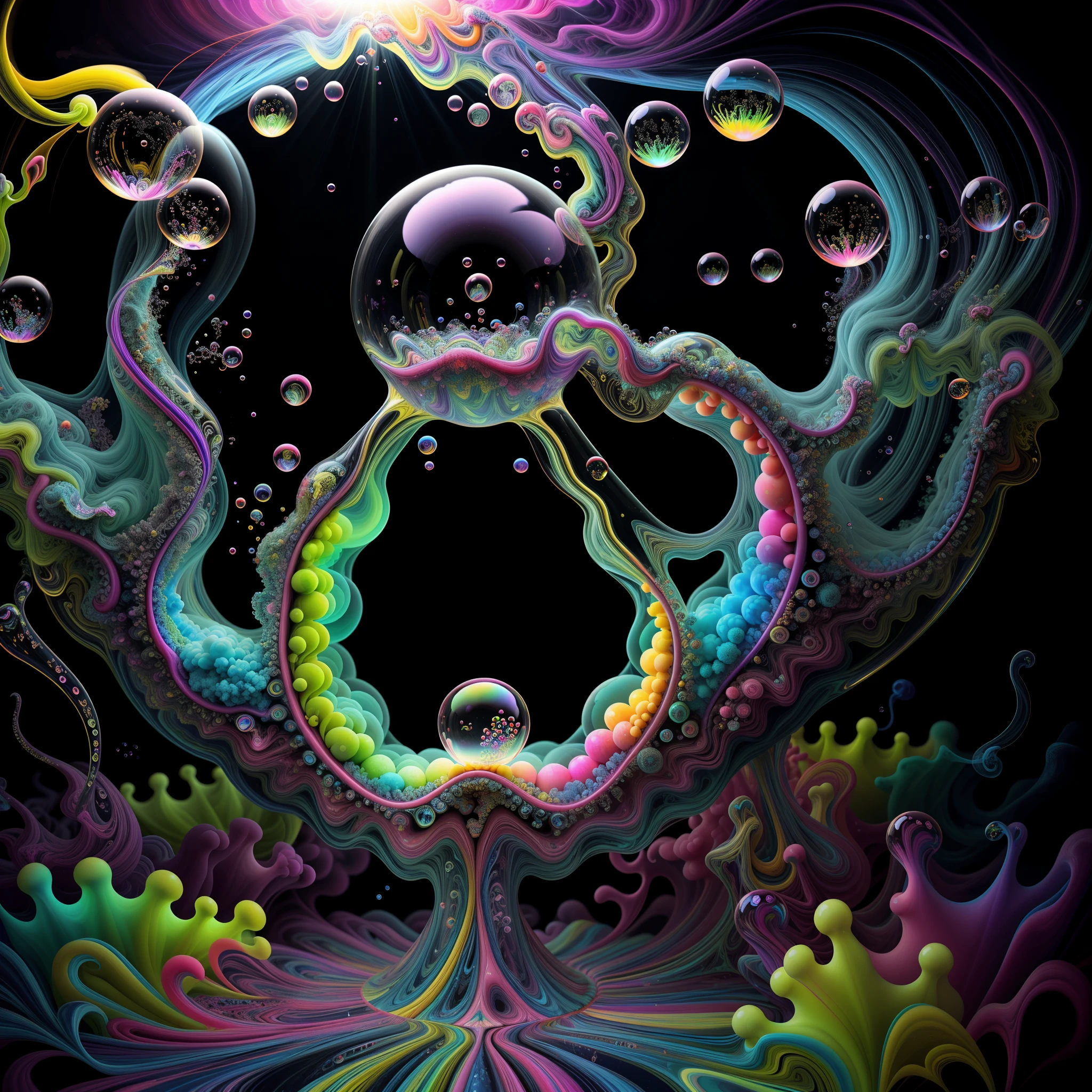 Pure light emerging from vibrant colors in a psychedelic dream, shimmering glass morphing out of colors, tripped out detailed patterns in all colors, perfectly formed symmetrical spheres and glowing reflective bubbles, attention to detail on the bubbles and spheres, rainbows of colored smoke twisted in and out of translucent orbs, background is spilled paint and spirals of swirling colour, digital art, melting glass with colored smoke trapped inside, psychedelic art, neon colors, 4d mandelbulb psychedelics, glass like psychedelic landscape, intricate rainbow environment, psychedelic underwater brightness, LSD,DMT, Psilocybin, Mescaline, trails of color and light, bright fluorescent colors, fluorescent psychedelic aesthetic, bright psychedelic neon colors, colorful paint drips out of the bubbles, 3d glass spheres melt into each other spilling out colours,startling, stunning images, awe inspiringly, best quality wallpaper, Portrait photography, surrealism, Photorealistic, Hyperdetailed, Glass Morphism, Digital Art, Sparkle, Optical Illusion, Glowing Light, Reflection Light, Overexposure, God rays Backlighting, Depth Of Field, Rotational Symmetry, UHD, High Details, High Quality, Super Detailed, Best Quality, Award Winning, holographic, holographic earth Masterpiece