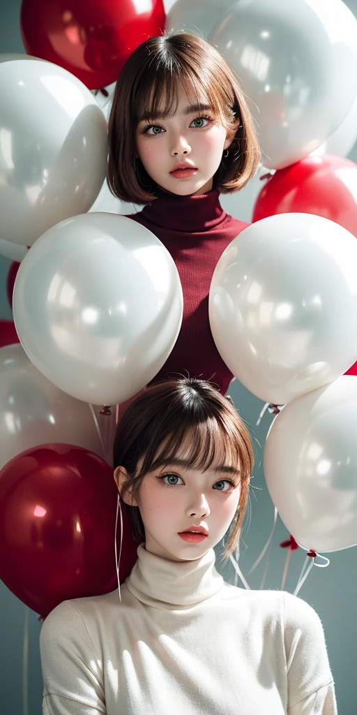masterpiece, best quality, highly detailed background, perfect lightingbest quality,fashion portrait photo of beautiful young woman from the 60s wearing a red turtleneck standing in the middle of a ton of white balloons, taken on a hasselblad medium format camera