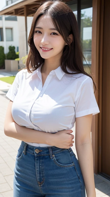 1girl, (uniform doodle, doodle), Open the buttons on her shirt and reveal her cleavage, outdoors, detailed face, detailed eyes, big natural breasts, natural nipple, can see her nipples, shiny skin, wearing sexy transparent bra, sexy bra, mini skirt, sexy skirt, looking at the audience, (laughing cute: 1.2), (happy), (8k, RAW photo, best quality, masterpiece: 1.2), (realistic, realistic: 1.37), ultra-high resolution, getting wet in her nipples, nipples wet