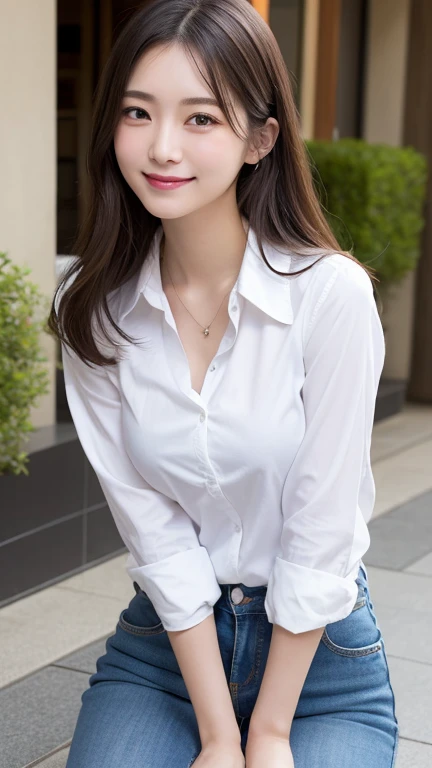 Creamy smooth skin, (Masterpiece, best quality, high resolution, Extremely detailed, Detailed background, Delicate eyes, Beautiful face:1.2), 1girl huge breasts, Solitary, Short straight hair, Bangs, Willow Waist, Pale skin, , outdoor, Sea，seaside，bench， Black Legwear, Pantyhose, open mouth, Smile, Happy, View Viewer, Pleated Skirt，Beige shirt