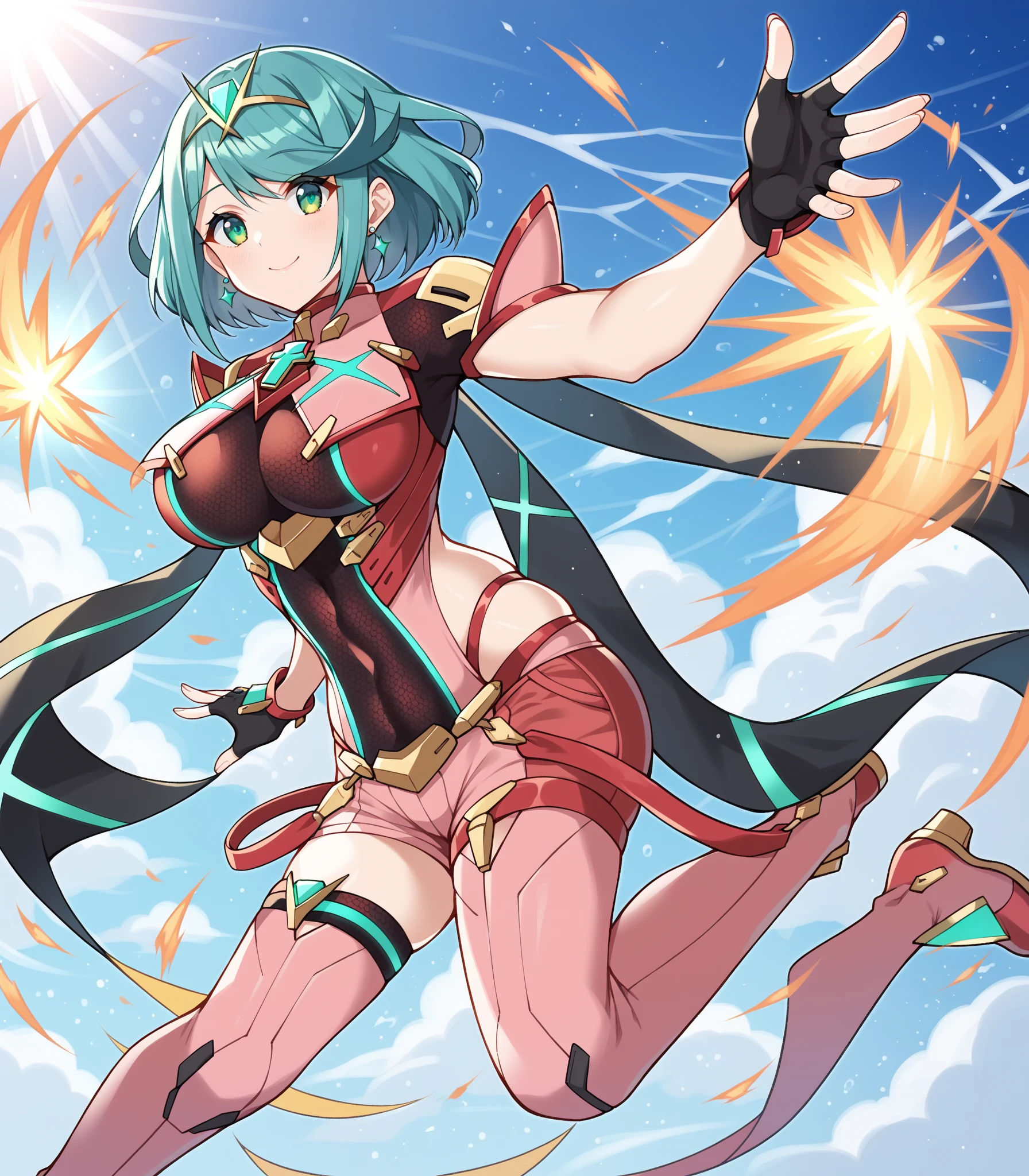 1 girl, in the beach, red brazier, white panties, small breasts, short hair, green hair, blue eyes, elbow gloves, cute girl, smiling, mecha headgear, red bikini, seductive pose, red shoes