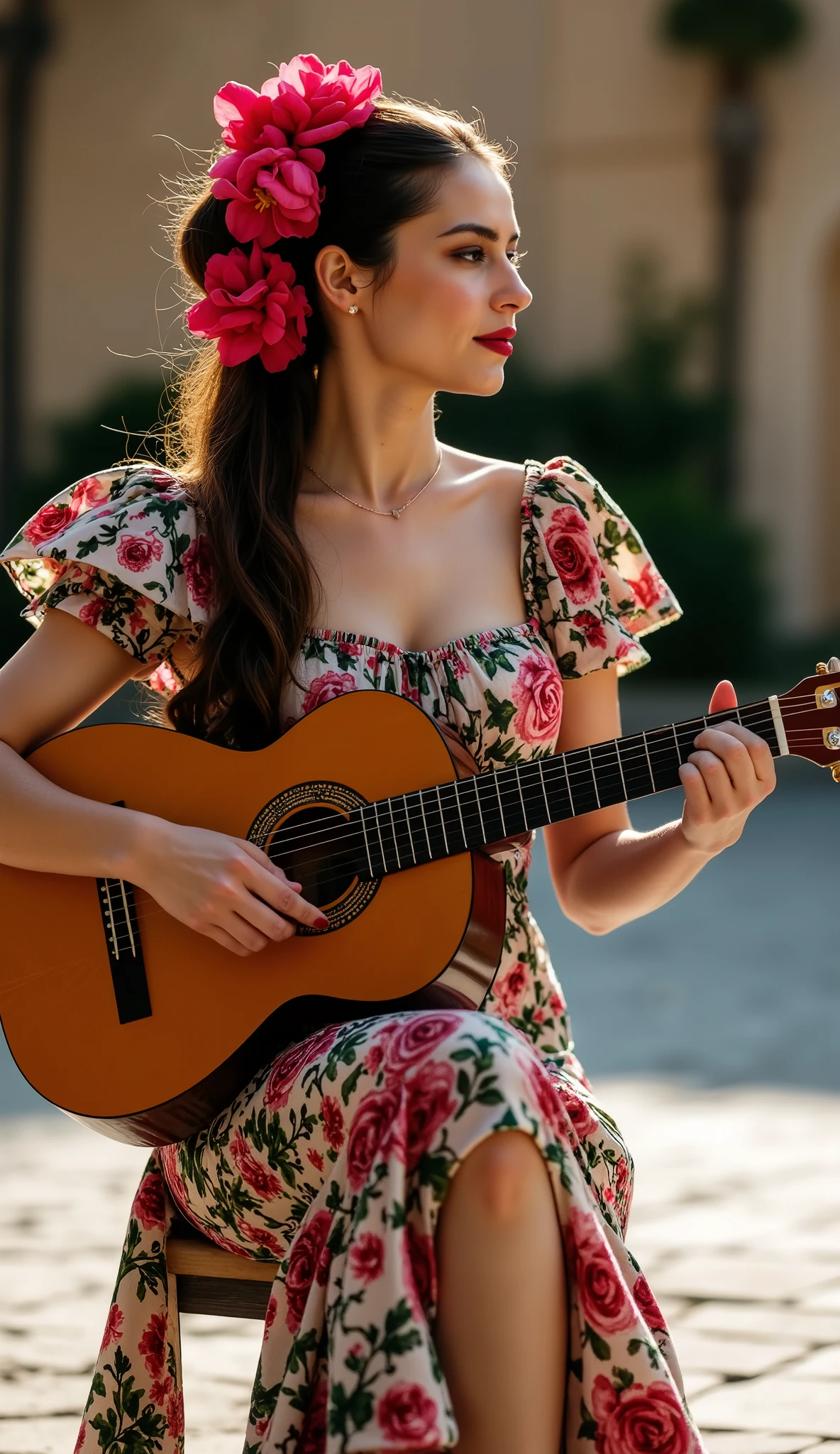 A Sexy Spanish Supermodel Girl Plays a Professional Classical Guitar Player,very long legs are exposed in the screen,Extraordinarily sexy cut Flamenco dance dress,Another Supermodel Girl Plays Flamenco Dancer,Both postures were very professional,The girl playing the guitar played the guitar played very well,dancing girl holding a soundboard、danced very well wearing stiletto heels Very sexy。 Best Light Effect ,masterpiece, Award-winning work ,Highest score,Artwork,The most dramatic light,Square full of flowers,Afternoon sun,ensures that there are only two sweet and beautiful girls in the screen,Including dancers and guitarists is a sexy sweet supermodel,Make sure the dancer girl's clothes reveal her sexy legs。