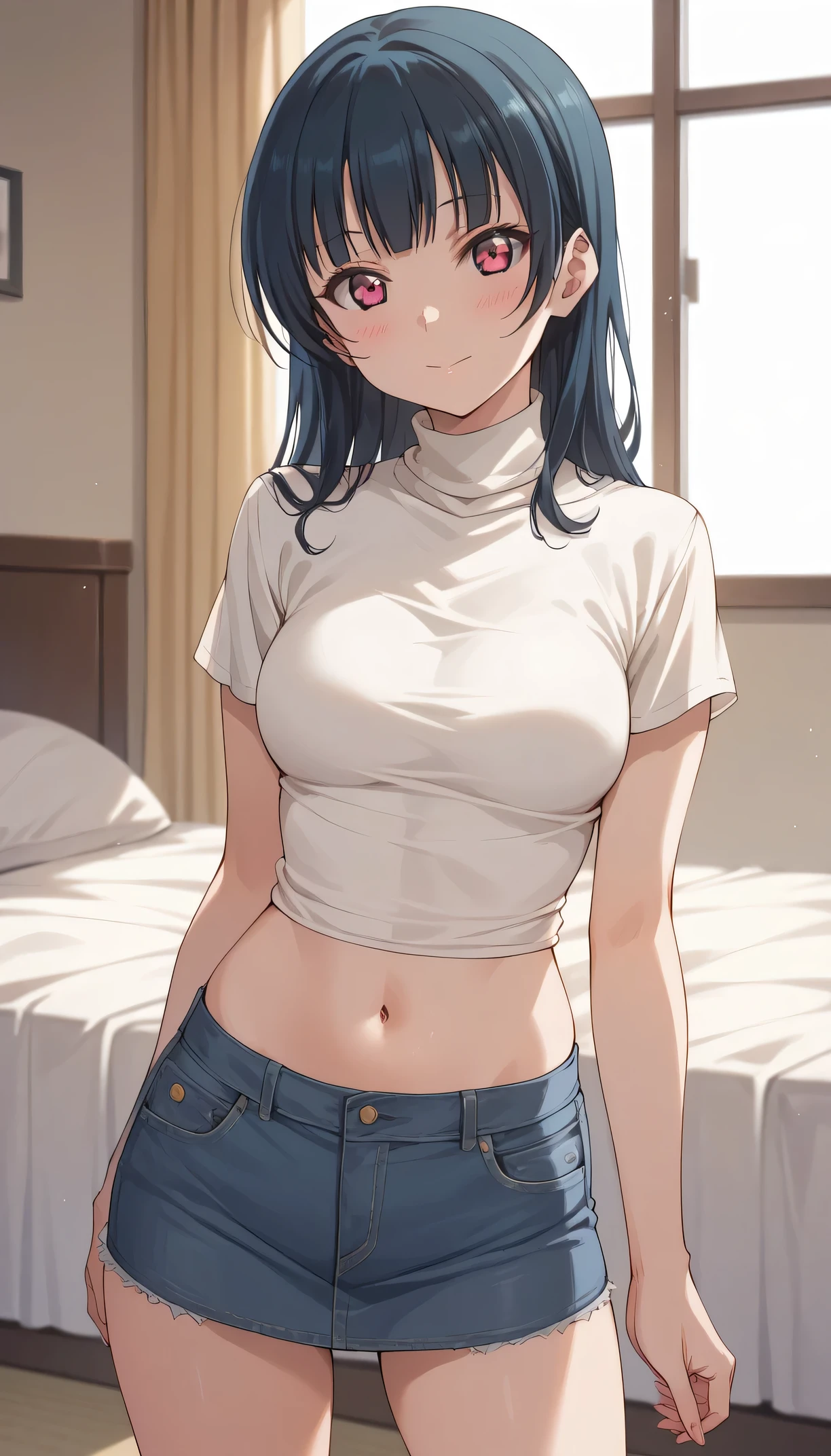 An image of Yoshiko Tsushima blushing, turtleneck blouse, visible navel, short denim skirt standing in a bedroom