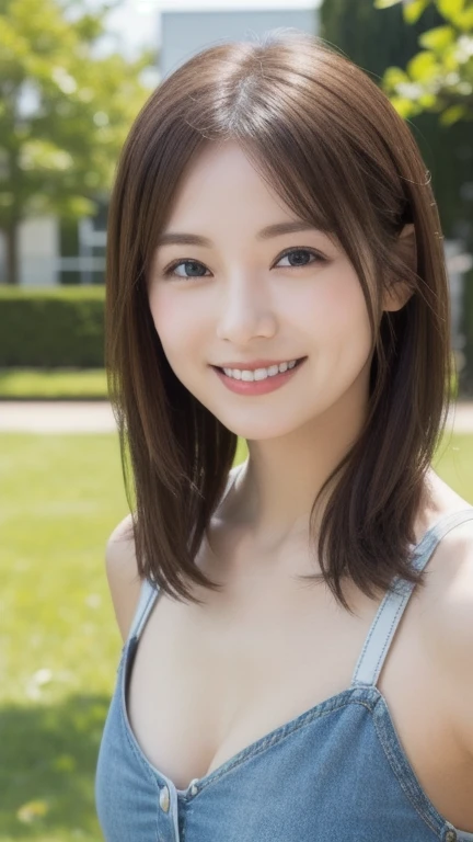 one girl, (a beauty girl, delicate girl:1.3), (16 years old, gal:1.3), (denim shorts:1.2), very fine eye definition, (symmetrical black eyes:1.3), stare at the camera, A big smile, show teeth, (trackfield view:1.2), small breasts, brown short hair, girl, (eyes and faces with detailed:1.5), (masterpiece, best quality, ultra detailed, detailed face, 8k),