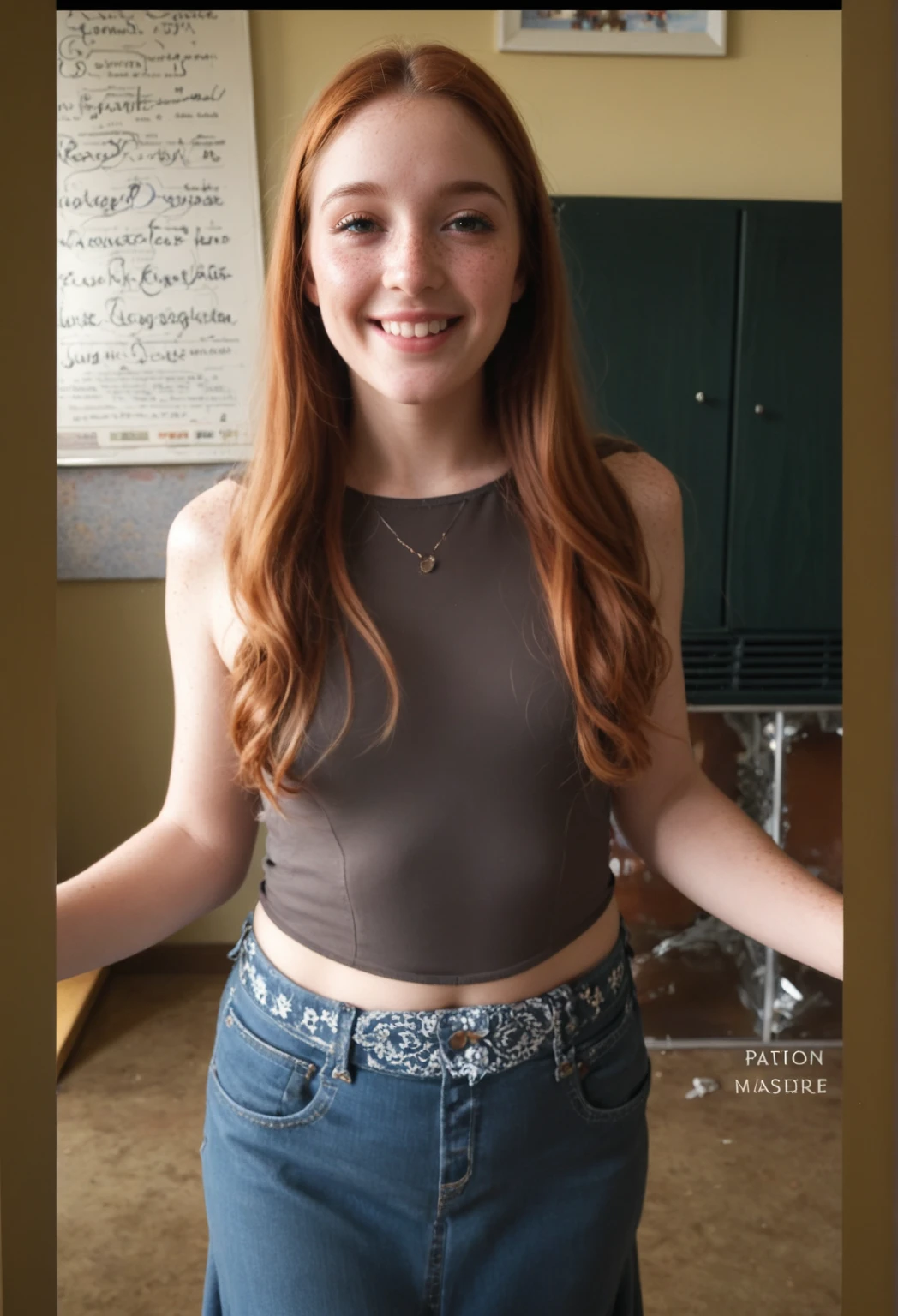 Actress Natalia Dyer, 8k, ultrarealistic, perfect face structure, hyperrealistic, masterpiece, fullbody view, best quality, high Definition, Long pants, no shoes, barefoot, midriff shirt, realistic body movement, smile