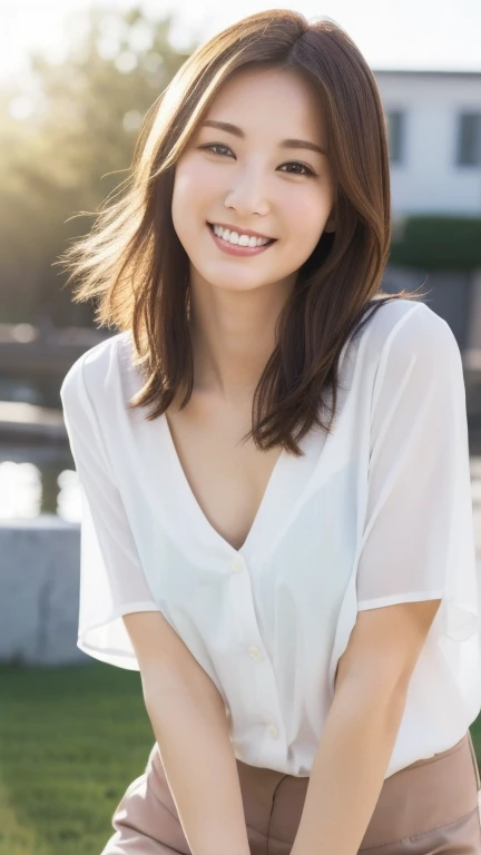 masterpiece, Highest quality, Photorealistic, Very detailed, finely, High resolution, 8k wallpaper, Professional, High level of detail, 1 Girl, Skinny Japanese woman, ((Look forward)), Collarbone Detail, Perfect Face, Straight hair, White Mini Dress、Pose for a full-body shot Photo style smile