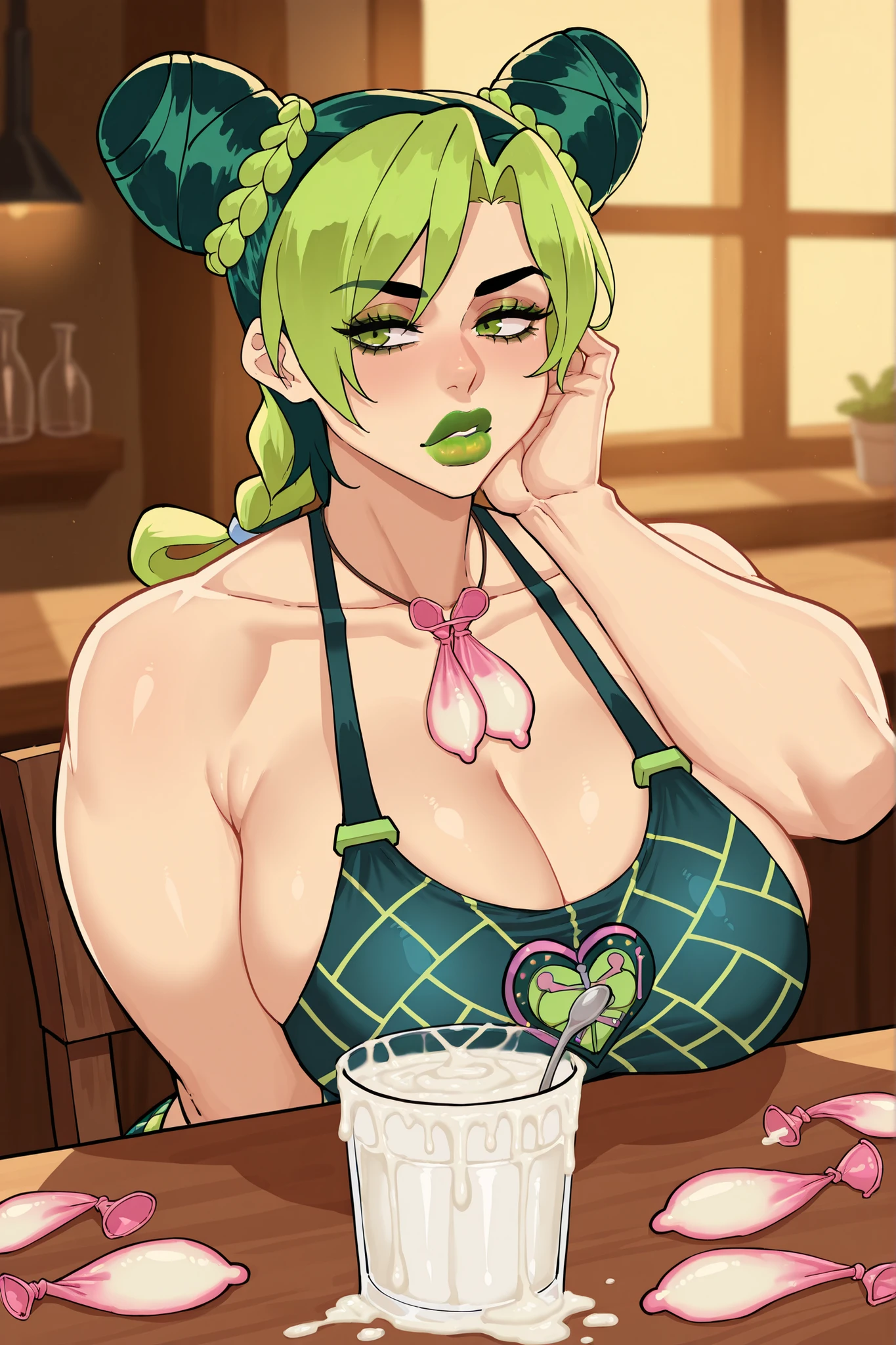 (8k, masterpiece, Best Quality, ultra-detailed, Professional lighting, beautiful detailed faces, bright colors) beautiful chubby mature woman, naked, long green hair tied in a braid, happy smile mouth open tongue out, rolling eyes, wearing glasses, oppai, oppai proportions, golden eyes, whole body visible, outdoor near a lake, pov, sucking giant dick