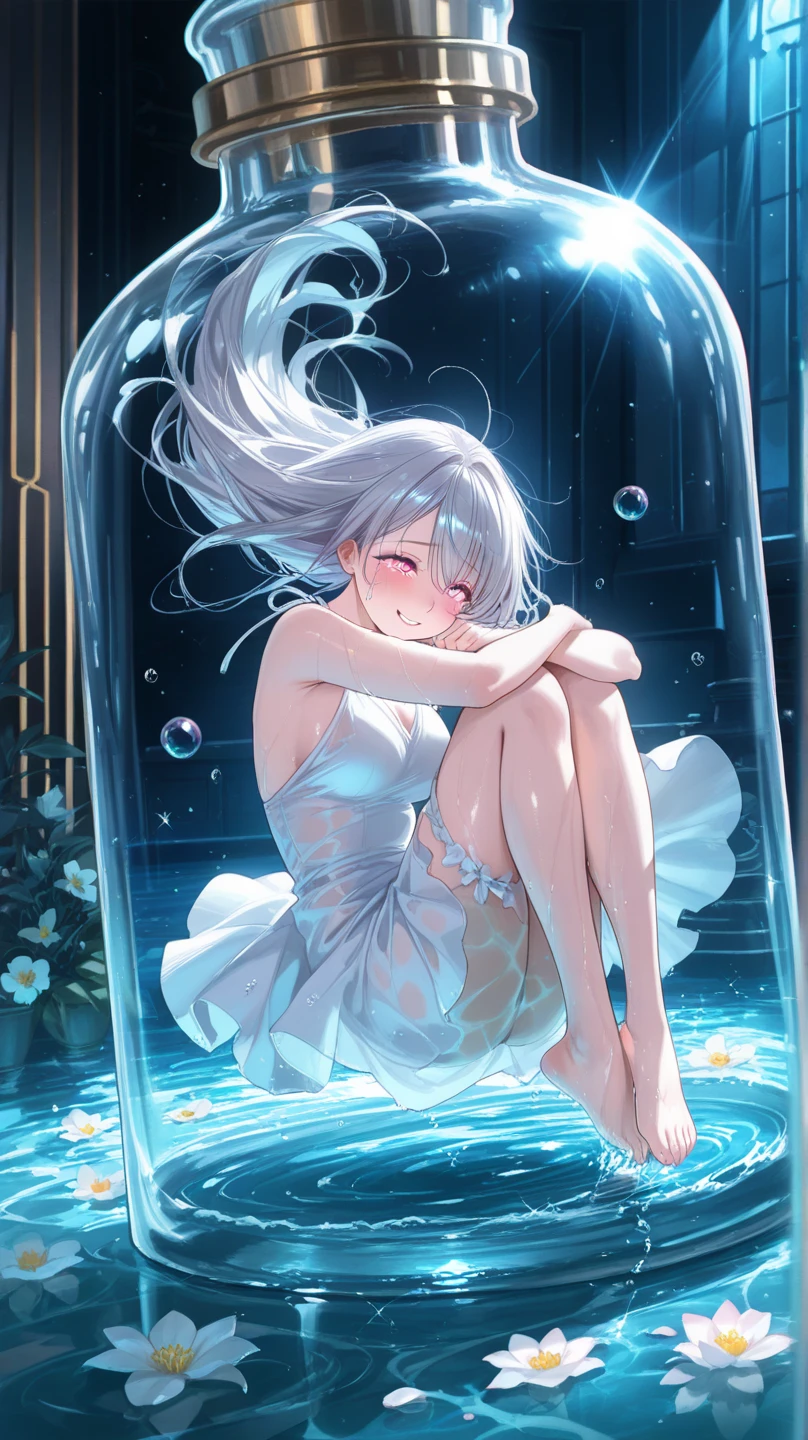 ((A close up)) of anime girl, (((((sitting in a street floor))))), (mostly nake(barefoot)), (cinematic light), skin is perfectly white, soft, and smooth, ((no nsfw)), Extremely delicate and beautiful CG illustration, small thigh, slim body, best quality, high resolution, dynamic angle, full-length lens, ((1 girl)), (detailed eyes), soft light, high-key lighting), glowing light, feathers fluttering background, blue crystal, ((blue glowing ring around her ankle)), ((((raining: 1.6))))