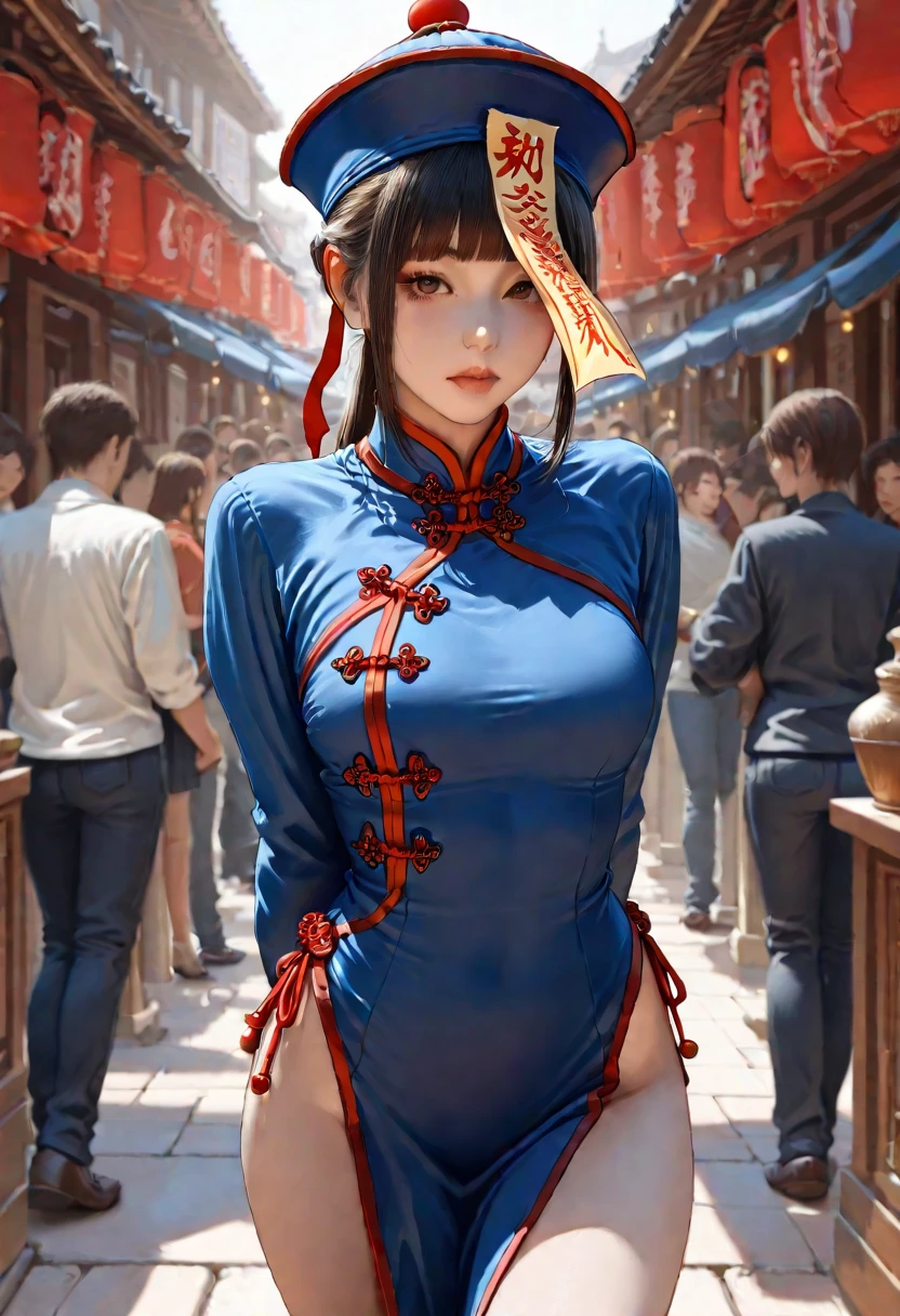 Doctor close-up, Five-star reviews, Their names, photo, and the city in the background..,Large bust (((Large Breasts、Breast sagging、Low-cut,Cleavage ,Wide hips,)))((Long legs)),Hourglass figure)),,Frameless glasses,Slim body,Cute girl,Full body portrait,Hanfu,Common,Ancient Street of China,Dirty dark streets,