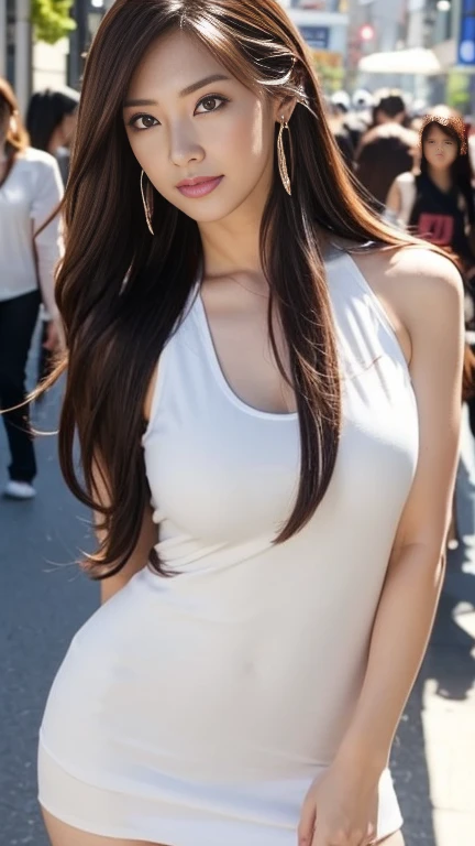 Realistic photos of (1 cute Korean star) low-tied long hair, thin makeup, 32 inch breasts size, wearing tank top, pants, in the amusement park, with crowded, close-up portrait, UHD