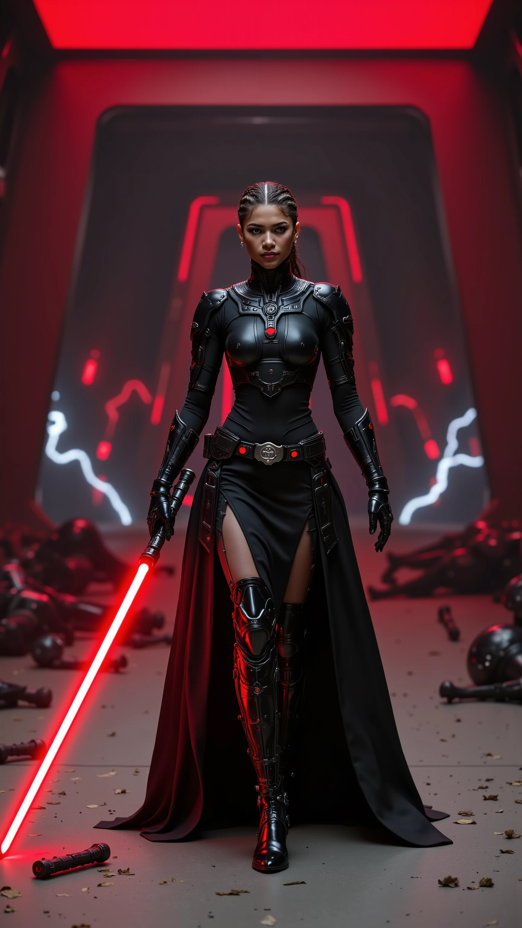 Zendaya reimagined as a deadly young Sith Duelist, walking forward with full body visible, centered composition, cinematic low angle. Her armor is sleek, agile, and tactical — matte black with sharp red accents, layered like a dancer’s gear fused with Sith utility armor. Her gloves are reinforced, her boots light and quick, and her chestplate bears the crest of her Sith house, glowing subtly.
Her expression is cold but focused — not furious, not chaotic — just deadly intent. Her hair is braided back tightly, and her red lightsaber is short, fast, and unstable at the edges, held reverse-grip in her left hand, ready for rapid strikes.
On both sides of her path, fallen droids and scorched sabers litter the floor. In the distance behind her, a dueling arena fades into shadows — illuminated only by the occasional lightning strike flashing through the open ceiling above. She walks away from battle — calm, victorious, unchallenged.
photorealistic, full body, walking forward, red lightsaber reverse-grip, duelist Sith armor, post-duel arena background, cinematic low red lighting, hyper detailed, 8k, high contrast, no text, no watermark