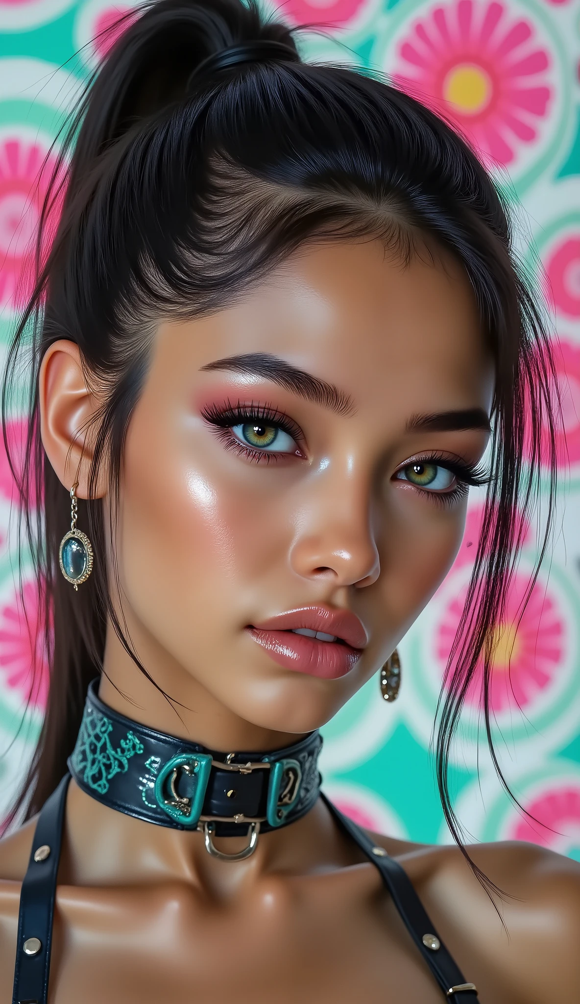  [Style: "masterpiece, realistic, (photo realistic Realism), ultra-detailed, Hyper high resolution"](Key Directive: - ("The priority is the anatomical accuracy and texture of the materials" - "Ultra-sharp human eyes with biological accuracy") { "Eyes: (acid-resistant terminology) (macro-details:1 . 5): * Moist corneal surface (visible aqueous layer:1 . 2) * Hyper-detailed iris stroma ((brown) with gold flecks) * Precise limbal ring (slightly darker pigmentation:1 . 22) * Pupil micro-texture (irregular edge authenticity:0 . 9) * Vasculature in sclera (subtle red veins radiating from limbus)" - "Lashes: blue individual synthetic fibers (crosshatched roots:1 . 2 , clump-free separation)" Technical Specs: (Optics: - "Zeiss Otus85mm f/1 . 4 lens (eye refraction calculations:1 . 3)" - "Shutter Speed:1/500 (freeze eye micro-movements)" - "Focus Stacking:7-point coverage on iris plane") (Post-Processing: - "Frequency separation for skin vs eye details" - "Selective sharpening: eyes200% , hair80%" - "Denoise: luminance20 , color35 (retain corneal speculars)") (Avoid: "pupil distortion , uncanny valley asymmetry , plastic-like wetness") ((beautiful western model:1.8)),(photorealism: 1.4),( hot girl brown skin),(complex and realistic skin texture:1.4), {{"[dynamic rear pose,portrait view, 25yo, skinny, ((Honeycomb latex outfit:0.77)) "((latex bra:1.4))" blue green latex harness choker intricated ,complex thin laces stomach harness, tied up,arms tattoo,micro skirt, garters,flat chest,angelic cute face,white teeth, perfect beauty, perfect eyes render, long eyelashes, neon pink lips, oiled skin,psychedelic background,voronoi backround, hyper realistic and detailed face, ((no blur sharp focus on all body))]"}} 