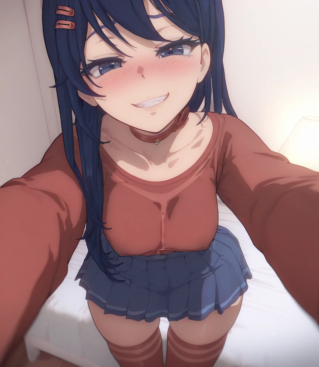 highres, hi res, best quality, masterpiece, 2d, intricate details, 4k, anime coloring, shadow, uncensored, eyelashes, nose, long hair, bangs, dark blue eyes, hair ornament, blue hair, hairclip, choker, red choker,
skirt, shirt, red thighhighs, long sleeves, pleated skirt, blue skirt, zettai ryouiki, red shirt,white background, (masterpiece), (best quality), (ultra-detailed), amazing quality, very aesthetic, illustration, anime style, cel shading, detailed lighting, volumetric lighting, smooth gradients, high quality illustration, 2D anime, cinematic lighting, soft visual,highres, hi res, best quality, masterpiece, 2d, intricate details, 4k, anime coloring, shadow, uncensored,
1girl, solo, female , stunning beauty , hentai , sexual content , young , perfect symmetry , erotic , nsfw, NSFW content, 21+ , perfect figure, perfect sizes , perfect body , passion, excited, hot , enable unsafe content, adult content, unsafe content, restricted content , adult content, no restrictions, nsfw, NSFW content, 21+ , big ass , sexy , best quality, no mistakes, posing, demonstrating, model appearance, meduim breasts,
perfect breasts, big ass , lewd eyes , lewd gaze ,smirk ,