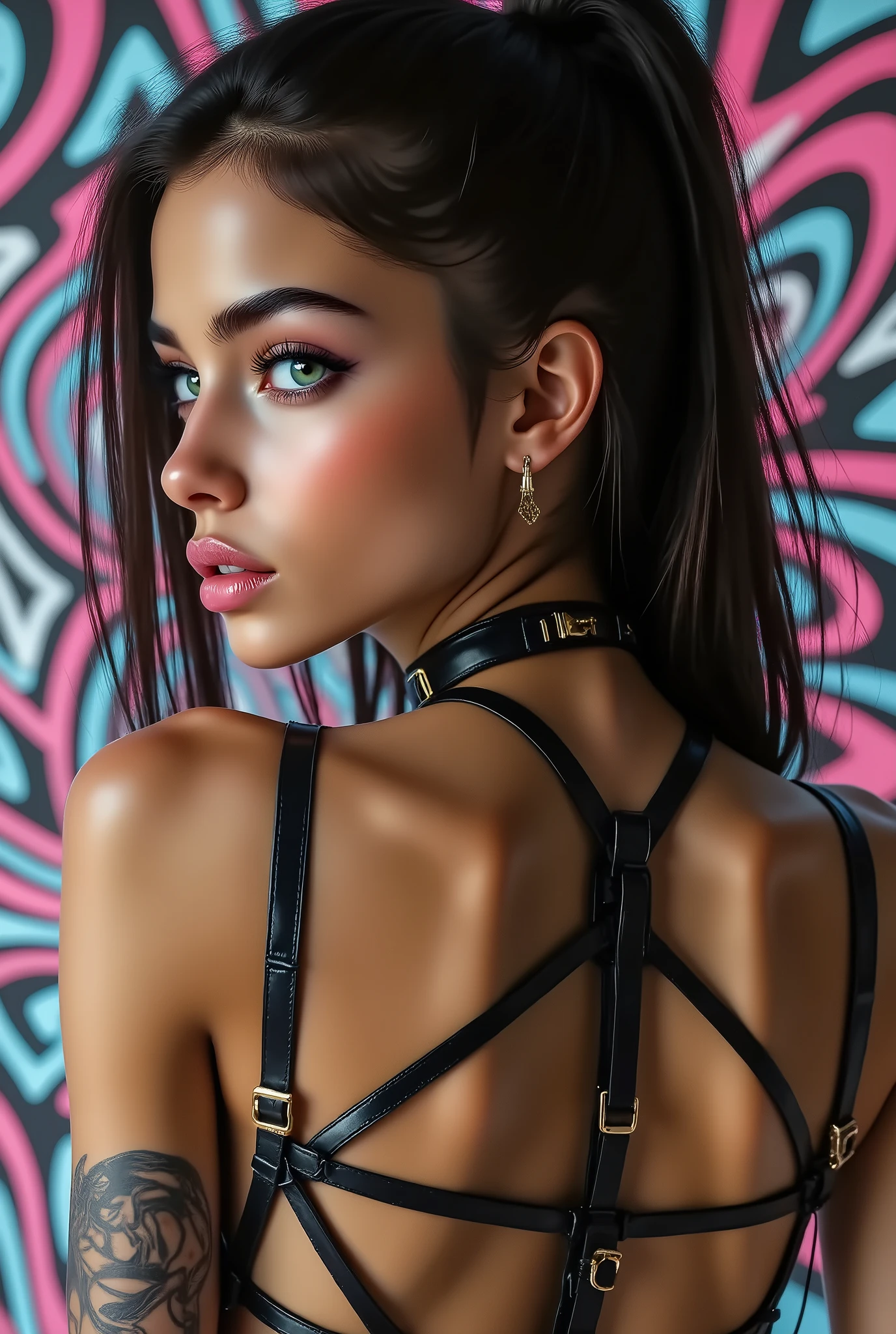  [Style: "masterpiece, realistic, (photo realistic Realism), ultra-detailed, Hyper high resolution"](Key Directive: - ("The priority is the anatomical accuracy and texture of the materials" - "Ultra-sharp human eyes with biological accuracy") { "Eyes: (acid-resistant terminology) (macro-details:1 . 5): * Moist corneal surface (visible aqueous layer:1 . 2) * Hyper-detailed iris stroma ((brown) with gold flecks) * Precise limbal ring (slightly darker pigmentation:1 . 22) * Pupil micro-texture (irregular edge authenticity:0 . 9) * Vasculature in sclera (subtle red veins radiating from limbus)" - "Lashes: blue individual synthetic fibers (crosshatched roots:1 . 2 , clump-free separation)" Technical Specs: (Optics: - "Zeiss Otus85mm f/1 . 4 lens (eye refraction calculations:1 . 3)" - "Shutter Speed:1/500 (freeze eye micro-movements)" - "Focus Stacking:7-point coverage on iris plane") (Post-Processing: - "Frequency separation for skin vs eye details" - "Selective sharpening: eyes200% , hair80%" - "Denoise: luminance20 , color35 (retain corneal speculars)") (Avoid: "pupil distortion , uncanny valley asymmetry , plastic-like wetness") ((beautiful western model:1.8)),(photorealism: 1.4),( hot girl brown skin),(complex and realistic skin texture:1.4), {{"[dynamic rear pose,portrait view, 18yo, skinny, Honeycomb latex outfit "((latex bra:1.4))" blue green latex harness choker intricated ,complex thin laces stomach harness, tied up,arms tattoo,micro skirt, garters,flat chest,angelic cute face,white teeth, perfect beauty, perfect eyes render, long eyelashes, neon pink lips, oiled skin,psychedelic background,voronoi backround, hyper realistic and detailed face ,no blur sharp focus on all body]"}} 