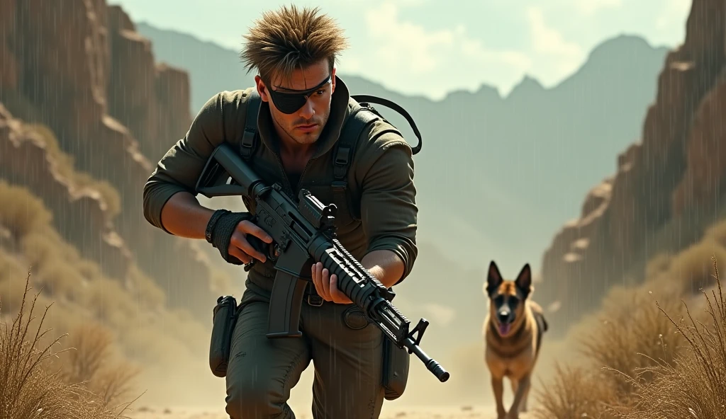 A medium shot of Quiet, wearing a revealing military-style uniform, posing with a rifle in her hand, and a german shepherd sitting by her feet with cinematic lighting and style. The photo is set in a harsh desert backdrop.