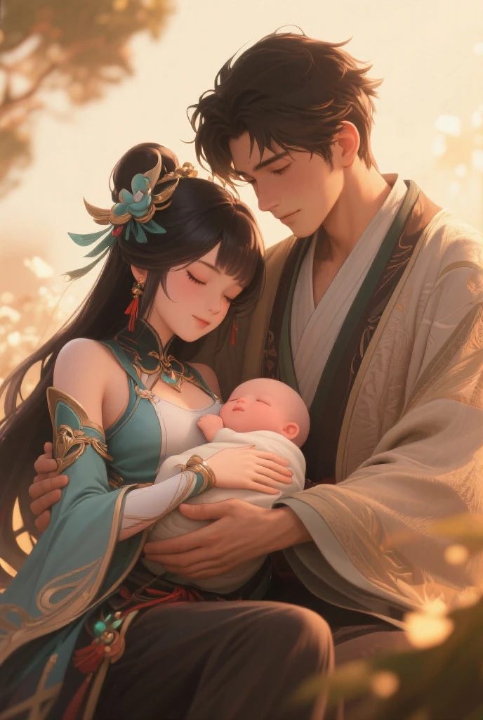 A one-year-old baby boy in an ancient Chinese baby costume with his beautiful mother, dressed in an white ancient Chinese costume, Stroll among the Nemophila fields , There are some floating clouds, playing with each other, with his handsome father standing next to his mother, close up.