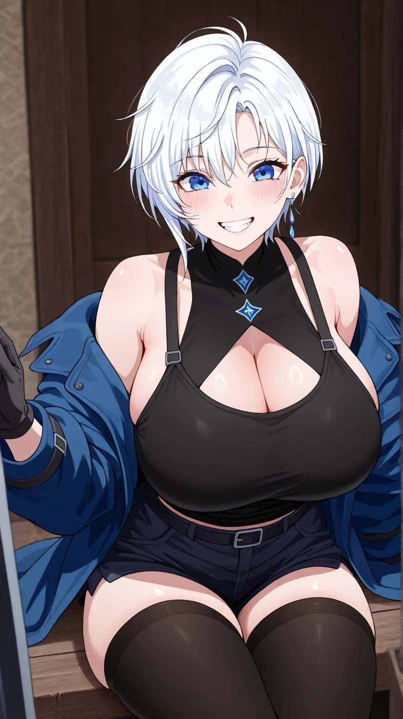 a tall girl beautiful sexy attractive beautiful waifu playful tenderness big breast white hair short hair disheveled her blue eye wears a short black jacket shows navel and a black thong wearing long blue socks blue boots big brown gloves black