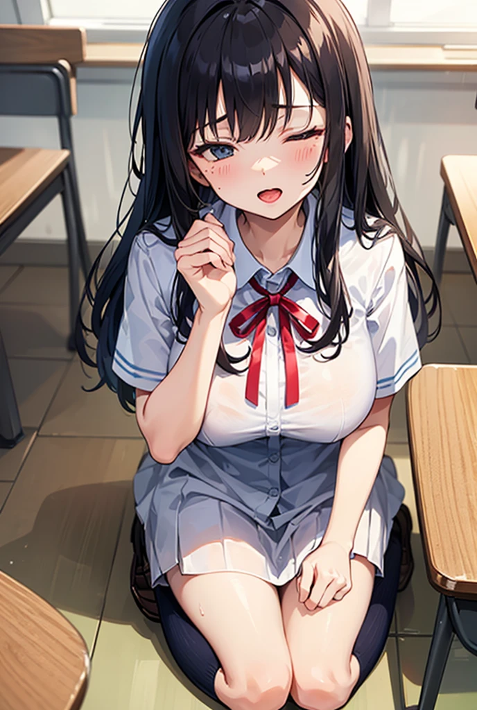 ((nsfw)), 1women,black_hair and eyes, ((peeing)),{"women is {{{peeing}}},{{pail full filled with yellow_transparent pee}}"},{{fusion of pussy and pee}}}, {"pee falling into pail"}, {{"pail under pussy and chair "}}, [[["pussy_juice_drip"]]],((Top quality)), ((Masterpiece)), ((Ultra precision)), ((Ultra detailed illustration)),((pail)), pussy juice,solo, {{{{from front}}}},{{"yellow_urination"}},((sitting on the chair)),nsfw, pussy, skirt, school_uniform, classroom,8K,

