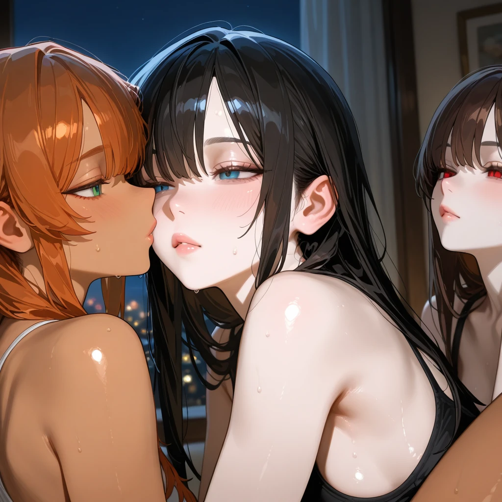 gangbang, 3boys, 3penis, faceless male, blowjob, handjob, cum on tits, Three Water Dancers(femele)Marble statue of、red hairs、Silver hair、Dark hair、Long well-proportioned limbs、(barechested:1.4)、Plain black background、spot light、highcontrast、masterpiece、top-quality、Top image quality、cinematlic lighting、photoRealstic
