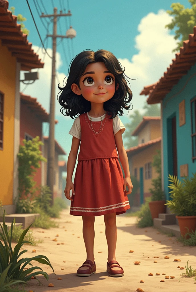 Generate a full image of a young girl, 10 years old, from brazil, with brazilian features, city background, best quality, real, well detailed, hyper-realistic
