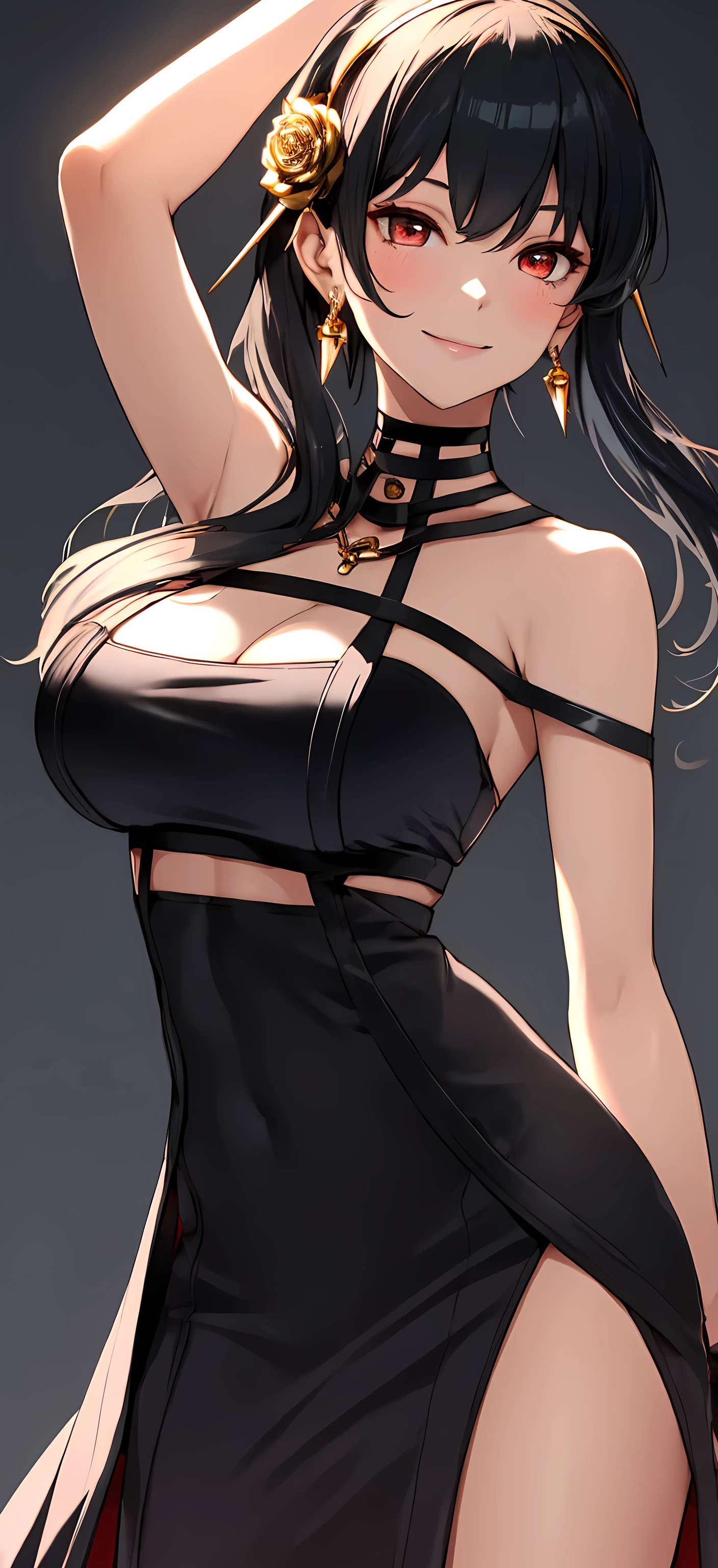 yor briar, anime style beutiful woman, 1girl, happy, smile, red face, closed mouth, beautiful detailed eyes, super detailed skin, backlighting, bare shoulders, black background, black dress, black gloves, black hair, breasts, dress, earrings, fingerless gloves, floating hair, floral print, flower, gloves, gold earrings, gold hairband, hair flower, hair ornament, hairband, holding, holding weapon, jewelry, large breasts, long hair, looking at viewer, off-shoulder dress, off shoulder,red eyes, short hair with long locks, sidelocks, solo, spikes, thighs, two-sided dress, two-sided fabric, weapon, fighting stance , face, close up, from above, highest quality, high resolution. (((showing armpits))) (((big breast)) (((open breast))) wide hips.