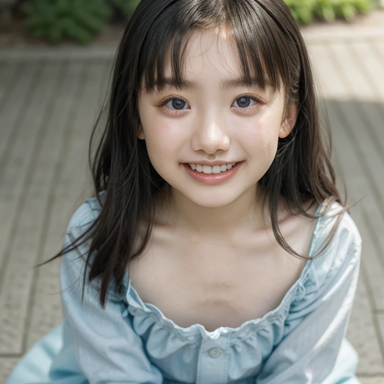 12 year old beautiful girl(Shortcuts、Sparkling eyes、Droopy eyes、The nasal muscle is passing、Detailed young face、Provocative smile、 body type、Bowl-shaped milk、Light blue shorts)sit cross-legged in the park。(looking at the camera)
