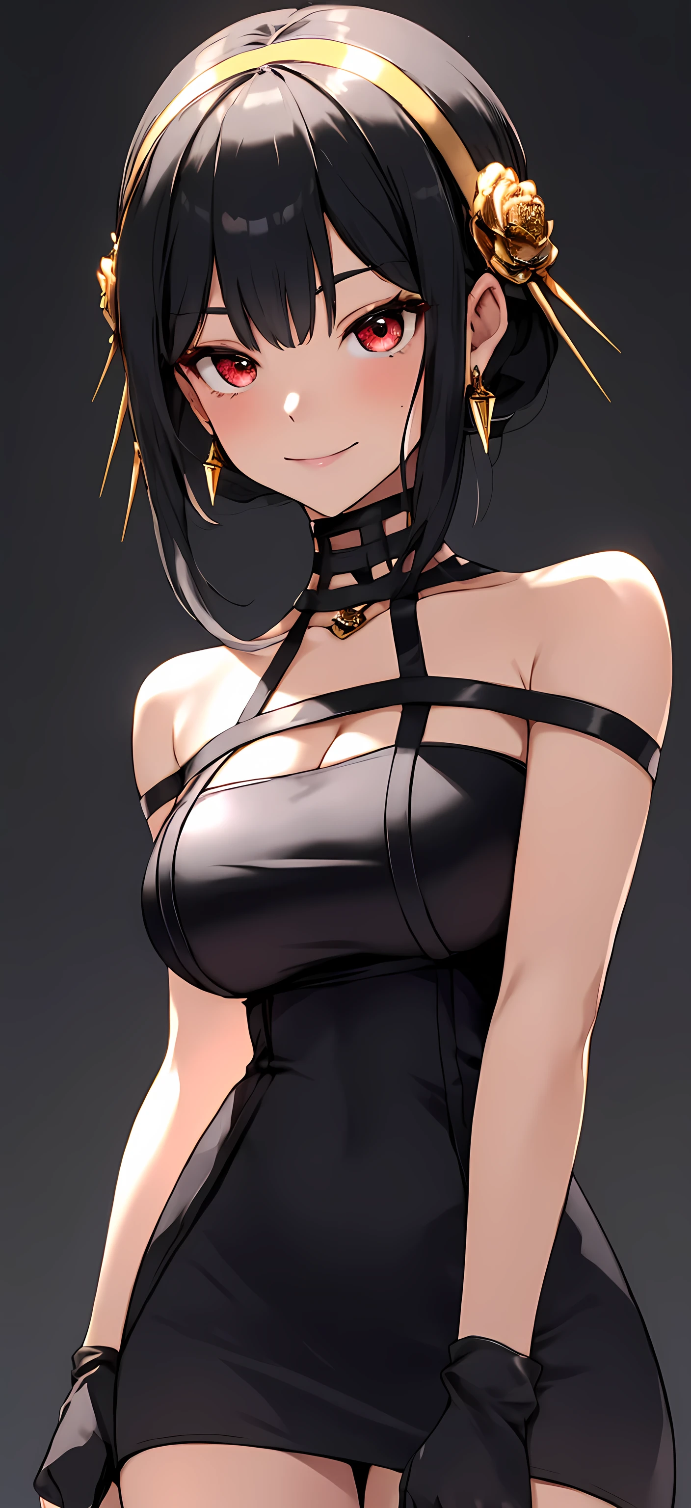 yor briar, anime style beutiful woman, 1girl, happy, smile, red face, closed mouth, beautiful detailed eyes, super detailed skin, backlighting, bare shoulders, black background, black dress, black gloves, black hair, breasts, dress, earrings, fingerless gloves, floating hair, floral print, flower, gloves, gold earrings, gold hairband, hair flower, hair ornament, hairband, holding, holding weapon, jewelry, large breasts, long hair, looking at viewer, off-shoulder dress, off shoulder,red eyes, short hair with long locks, sidelocks, solo, spikes, thighs, two-sided dress, two-sided fabric, weapon, fighting stance , face, close up, from above, highest quality, high resolution. (((showing armpits))) (((big breast)) (((open breast))) wide hips. 