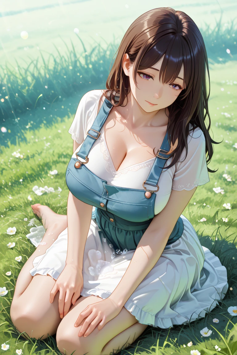 (lie on the ground on your back:1.3), ((From above)), ((blush:1.2)), ((Fully closed eyes:1.3)), ((Expressionless)), looks comfortable, 1 girl, riser, ((white shirt)), Breasts that don't sag, ((Wide open chest)), huge breasts, naughty big breasts, ((long and thin legs)), ((thin waist)), thighs, beret, denim shorts, Beautiful woman, cute face, Curvaceous