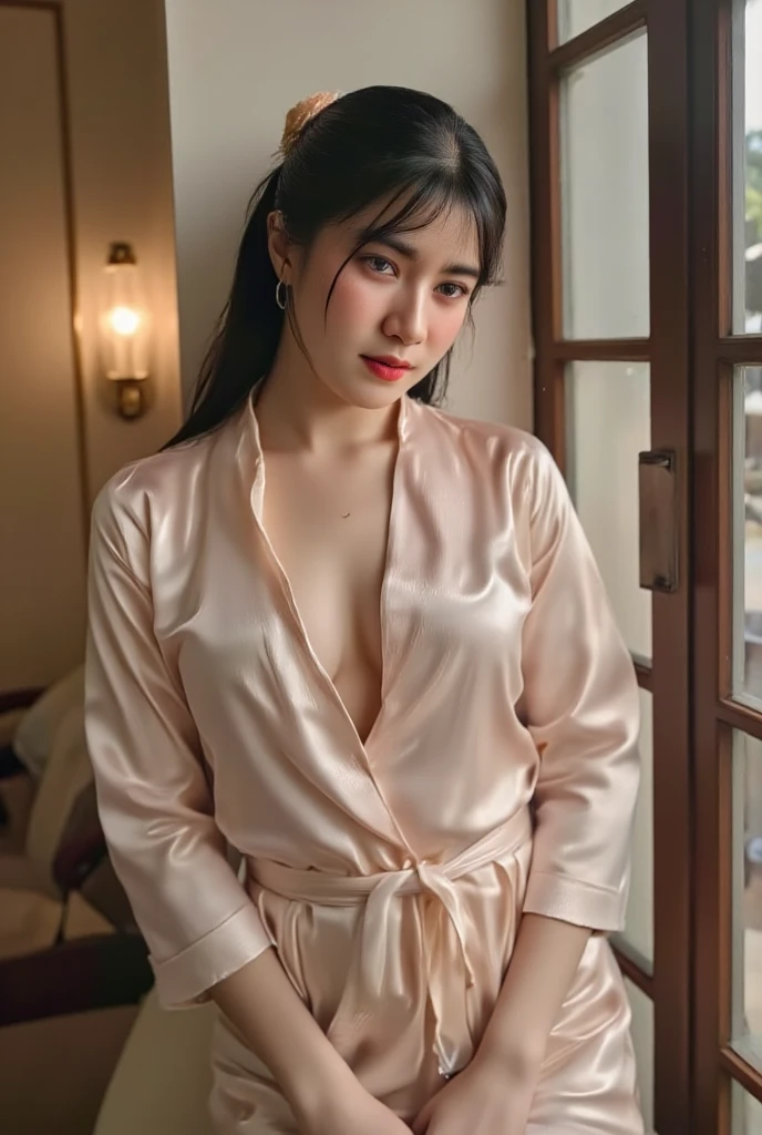top Quority,Ultra-clear resolution, ((Beautiful Chinese aunt). Body. Sexy. Slim. Thin. Captivating. Natural face. No lipstick. Messy Bun. ( no Earrings-Earrings).
((Micro panties)), ((breasted button-up. pajama sleep shirt)), long legs_full body. Pose.erotic. sit down. On bed