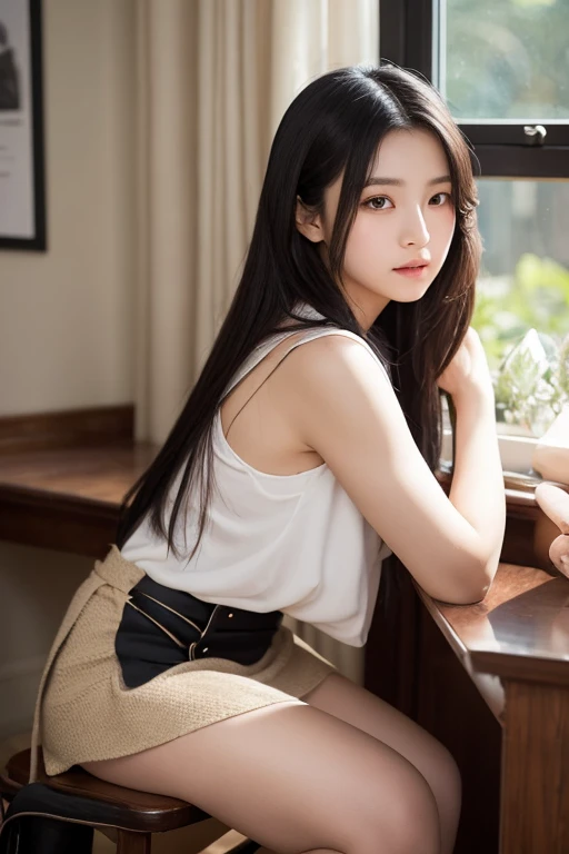 ((masterpiece, highest quality, High resolution)), 1 girl, (Realistic: 1.4), look forward to, (Beautiful black eyes:1.2), looking away, iris, shoulder length, (Beautiful Hair:1.5), (Small breasts:1.3), (Skinny body type:1.2), (School uniform with short sleeves:1.2), School classroom, (From the side:1.5), Smooth, Highly detailed CG composite 8k wallpaper, High resolution RAW color photos, Professional photography, Light, BackLight, dream-like, impressive, Written boundary depth have a cup of coffee.
she is having coffee at a cafe.