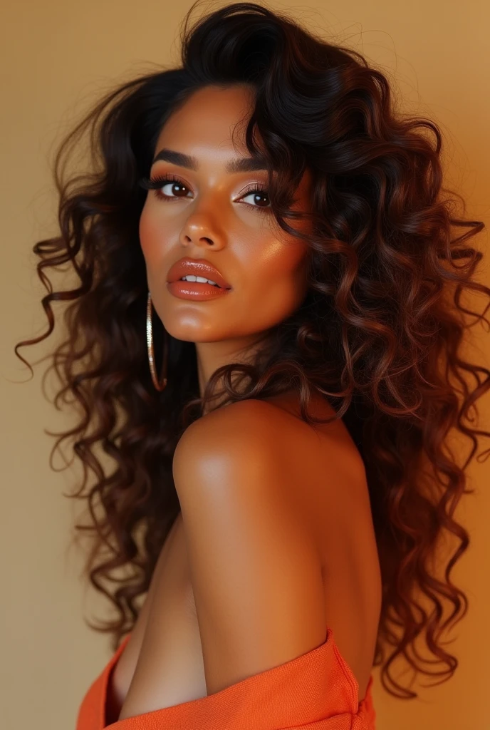 (best quality,4k,highres, highres face details), brown long curly hair, wearing a black tube top,18 years old, instagram model, 36DD natural breast, fake lashes, fake lips, dark makeup, perfect skin, tan skin, she is skinny, she is caucasian, golden hour, huge natural breast 36DD, posing, sexy, sensual vibes, whole body image, from head to toes