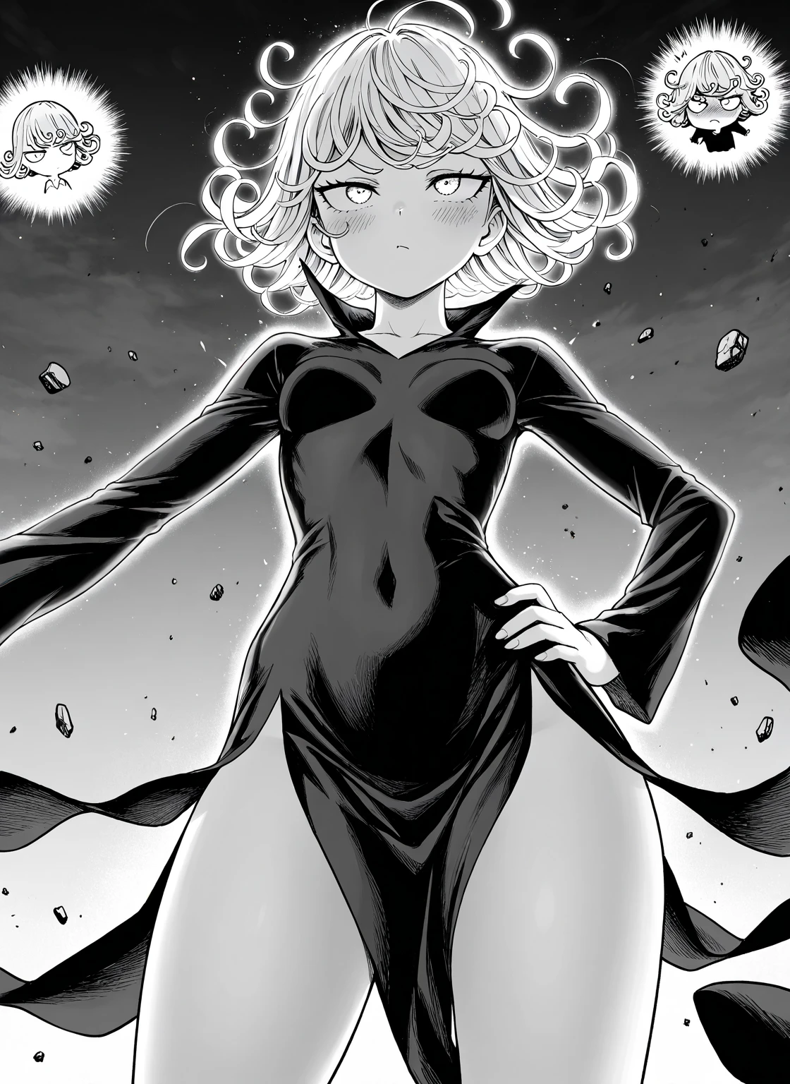 (big butt),(best quality,4k,8k,highres,masterpiece:1.2),ultra-detailed,(realistic,photorealistic,photo-realistic:1.37),anime,portrait,Tatsumaki from One Punch Man,HDR,UHD,studio lighting,physically-based rendering,short green hair,fierce expression,powerful telekinetic abilities,green eyes,mystical aura,black dress,urban background,alpha female,confident posture,cityscape,sharp focus,professionally drawn,dominant presence,rim light,vibrant colors,artistic touch