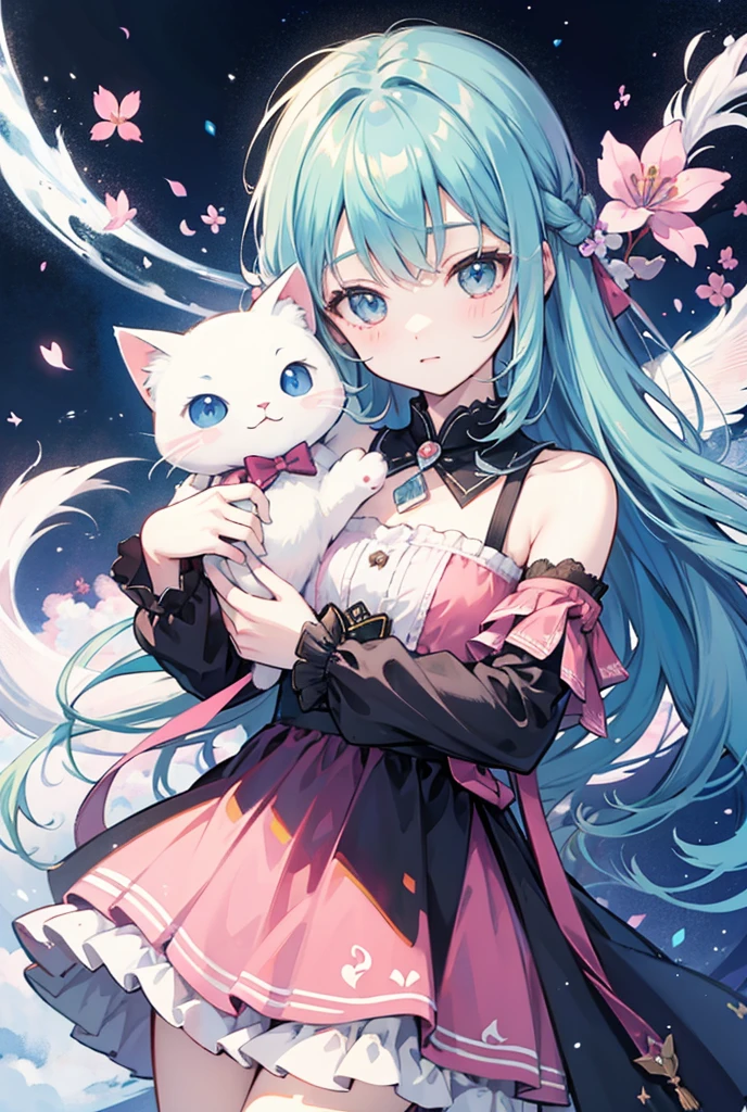 There is a very large moon in the background，unter den Sternen, eine Katze mit rosa Haar sitzt auf einem Ast，junge Erwachsene，girl, rosane Kleidung，ethereal cat，Dreamy，detaillierte Kunst，a beautiful artwork illustration，Fabelwesen，schwarze Katze，Beautiful digital artwork，Kirschblütenbaum, Sky blue pink and purple colored, T-Shirt Design, Langhaariges Anime-girl mit Katze und Katze, cute Anime-Katzegirl, Anime-girl mit Katzenohren, Anime-Katzegirl, Anime-Katze, Very beautiful Anime-Katze girl, beautiful Anime-Katzegirl, very beautiful sweet cat girl, girl mit Katzenohren, Katzenfrau, nekomimi, Anime visual of a cute cat, Süßes Anime-girl, cute anime face, Farben rosa und mint, Haarfarbe light pink, cute clothes, pastellfarben, Katzenschwanz, plüschig, Hokusai Stil, Hokusai Welle