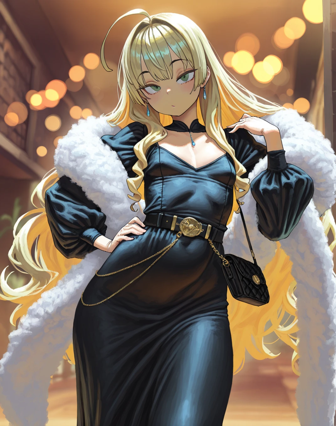 in 8K,(masterpiece:1.4),(top-quality:1.4),(top-quality), girl with,soio、Maetel, length hair, blonde hair, yellow eyes,long lashes、Fur trim, Black hat,doress, Luggage, steam train, natta, intergalactic, view front, solofocus,(shinny skin),Expression of melancholy