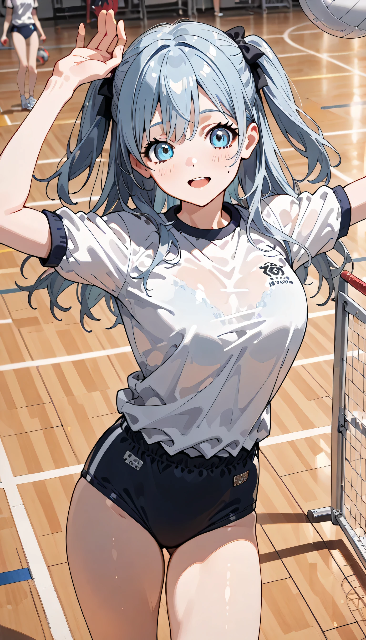 masterpiece, best quality, highres, Yukino, silver hair, blue eyes, short hair, symbol-shaped pupils, +_+, large breasts, gym uniform, white shirt, sleeveless, white gloves, elbow gloves, white shorts, gym shorts, short shorts, white thighhighs, outdoor, playground, grass, cowboy shot, standing, leaning forward,