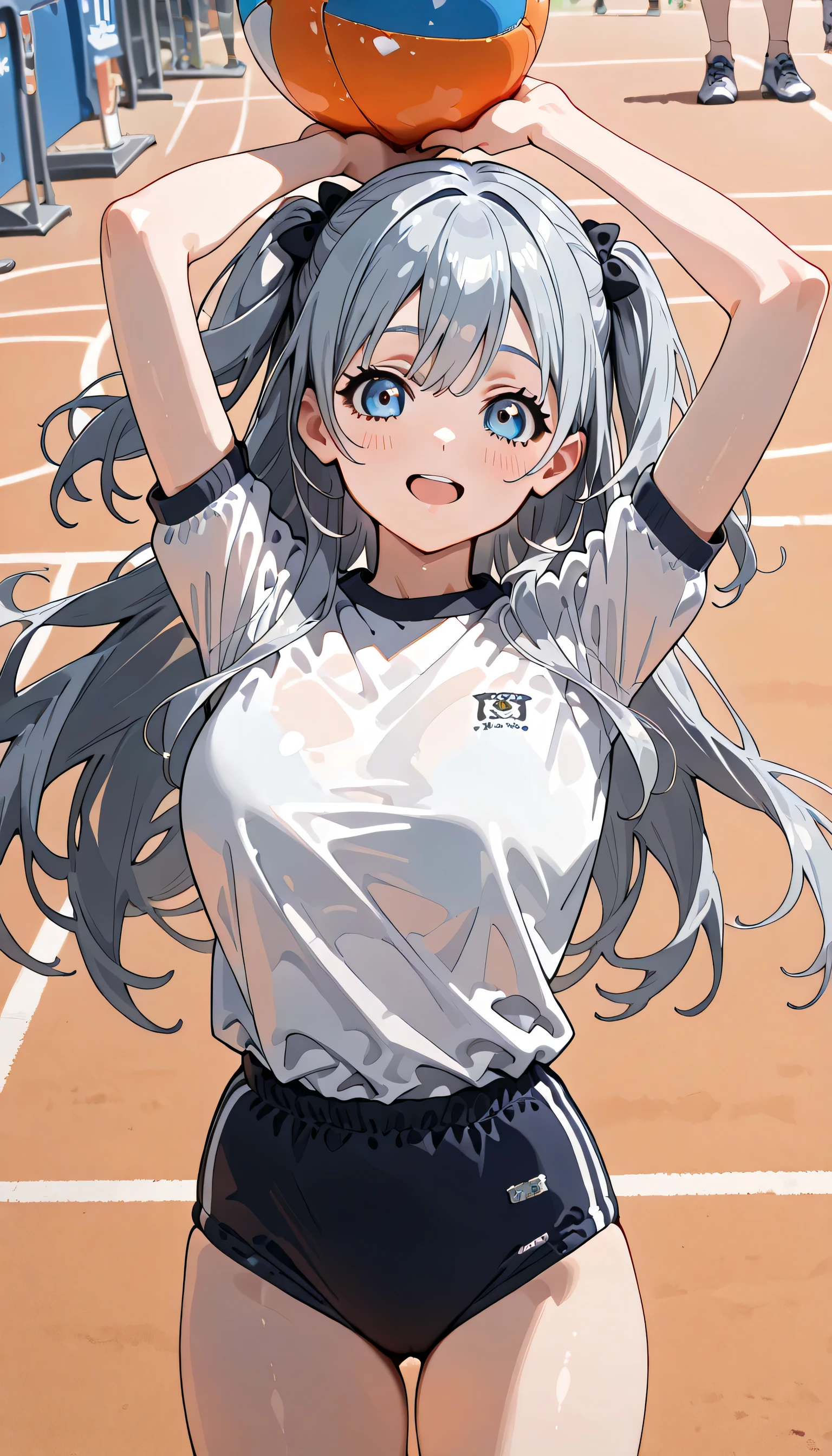 ((ultra-detailed)), (highly detailed CG illustration), (best quality:1.2), ultra-highly detailed, colorful composition, artistic photoshoot, 1girl, solo focus, thigh to top, cowboy shot, moe anime character, girl, dainty facial structure, baby face, round face, rounded chin:1.2, ideal ratio body proportions, celia-default, celia claire, blue eyes, sparkle eyes, long silver hair, two side up, hair ribbon with blue, ample breasts, blue school gym buruma, smile:1.1, blush:1.3, Volleyball spikes:1.4, balls, jumps:1.4, object, volleyball, volleyball net, raise your arms, look up, from behind:1.3, dynamic pose:1.4, contrapposto pose, best quality, expecting, pink cheek, blush, light pink gloss slip, portrait, depth of field, soft lighting, sidelighting, shine, lighting, caustics, ray tracing, perfect face, lustrous skin, highly detailed face, highly detailed eyes, perfect face, perfect nose, perfect hair, perfect eyes, perfect anatomy, beautiful hair, beautiful small face, extremely detailed face, beautiful detailed eyes, beautiful clavicle, beautiful body, beautiful huge breasts, leavage, breasts squeezed together, equalize the size of the left and right breasts, beautiful thin thighs, beautiful legs, beautiful fingers, 4 fingers, 1 thumb, lovely, (very detailed background:1.0), (highly detailed background:1.0), summer aesthetic, intricate details, shy atmosphere, summer colors palette, chromatic aberration