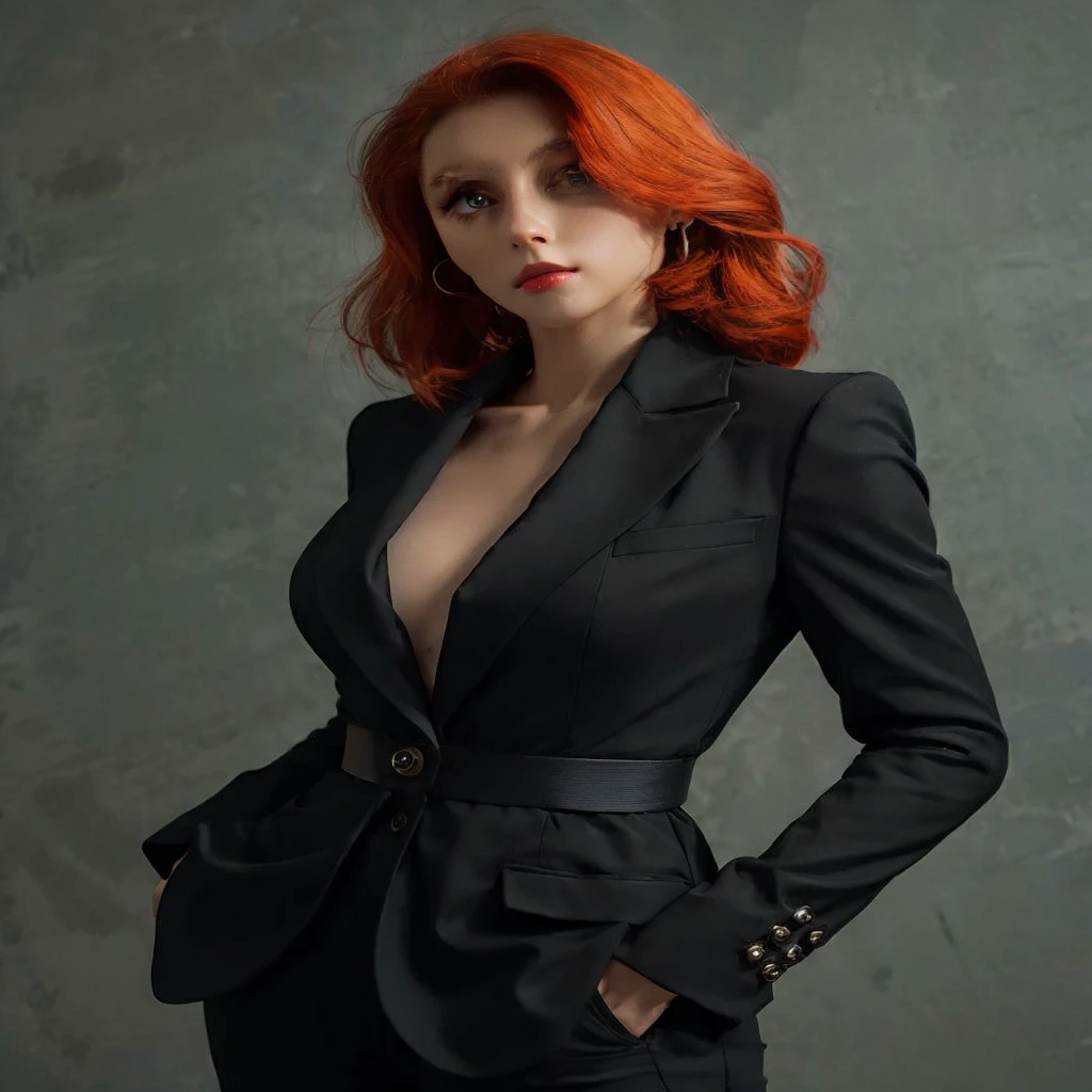 Short Caucasian demon girl with really red hair, red eyes, and striking elegant conservative red and black suit. A sleek, form-fitting red and black suit that accentuates her. Intricate patterns and embellishments that hint at her demonic nature. Melony is a demon who revels in causing horrible chaos and destruction. Suit, business suit, pants, suit, red black suit, red black pants, covers all, conservative, modest