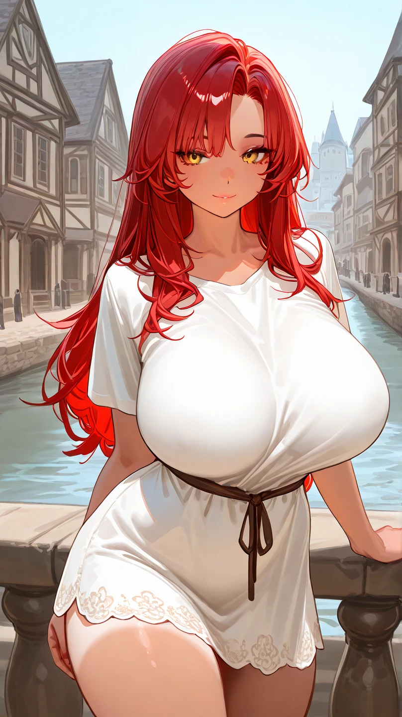 A casually lewd topless large breasted redhead picking something up from the ground, noble lady in a soft thin body hugging dress, wide hips, thin waist, beautiful full red lips, a propensity to display and use her, lush hair, long torpedo shaped tits, naked, nsfw, frog POV