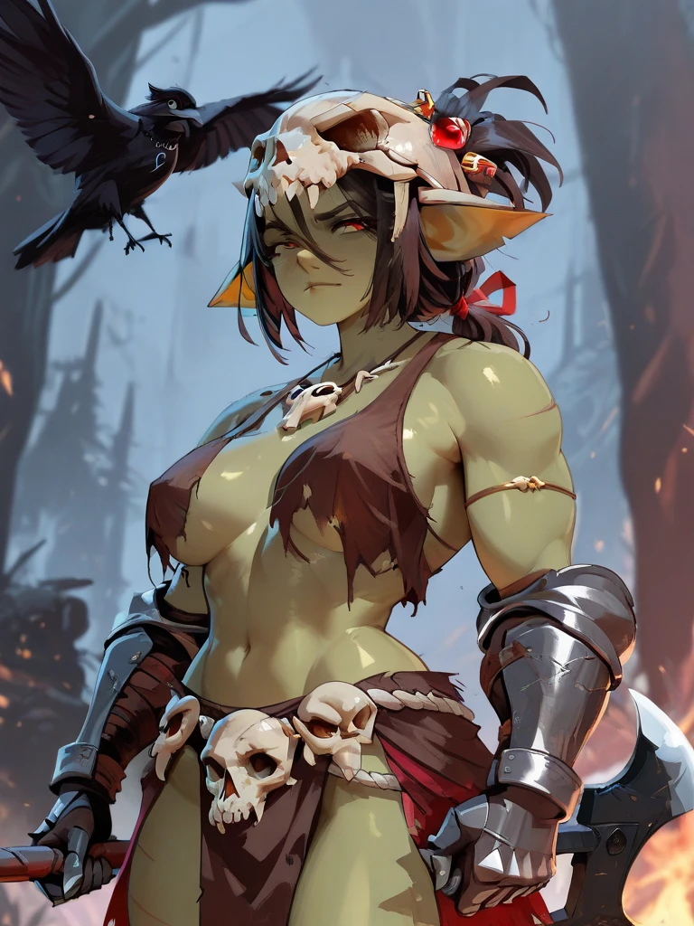 1 girl, beautiful muscular girl, Fangs out, tusks around the mouth, green skin, Painted face, large naked breasts, standing nipples, shoulder pads, Red Mohawk, pubic hair,  lance in hand, belt with skull, seashore, palm trees, night, grass, volumetric lighting, Best quality, masterpiece, surrealism, ultrarealism, Hipperrealism 