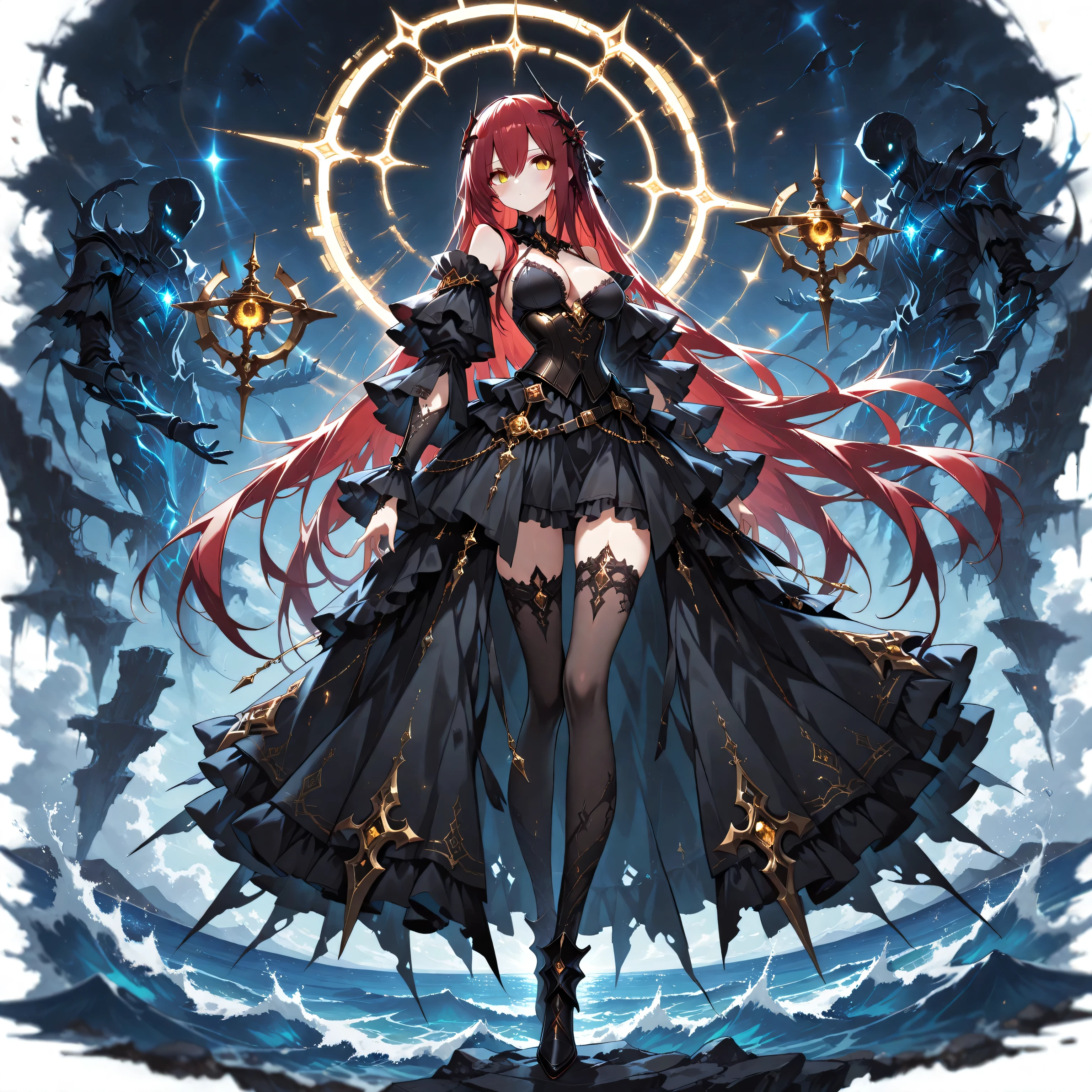 (EyesHD:1.2), masterpiece, best quality, ultra-detailed, very aesthetic, sharp focus, depth of field, vibrant colors, ray tracing, best lighting, detailed illustration, detailed background, cinematic, beautiful face, beautiful eyes,1 girl , golden eyes , very long hair , long sidelocks, red hair, petite , very cute , beautiful ,Straight hair, cool, handsome, hair between eyes, sexy, female, medium large breasts, hair ornament, glitch effect, distorted face, digital corruption, surreal, gothic dress, cleavage, off-shoulder dress, corset, detached sleeves, ornate belt, fantasy outfit, dark aesthetic, eerie atmosphere, floating figures, faceless people, monochrome background, ocean waves, surreal landscape, horror elements, mysterious setting, high detail, dramatic lighting, ominous mood, intricate accessories,Hiori Light Art, Backlight,cinematic lighting , cinematic angle, soft light , color detail, backlighting, Depth of field, long exposure, light steps, intricate colors, vibrant colors,Full body, Official art, Gacha Splash, Transparent background, Mini background, Masterpiece, Highres, Absurdes