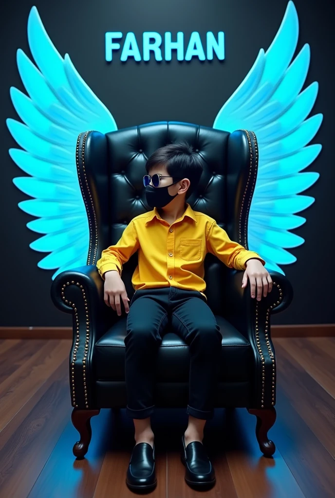Create realistic illusion image A 13 years old boy is sitting on a king chair with indian tricolor wings and behind him the color of the wall is gray on which "RAJAT' is written in golden. and also written " Happy Independence Day" in clear letter written on small size on bottom